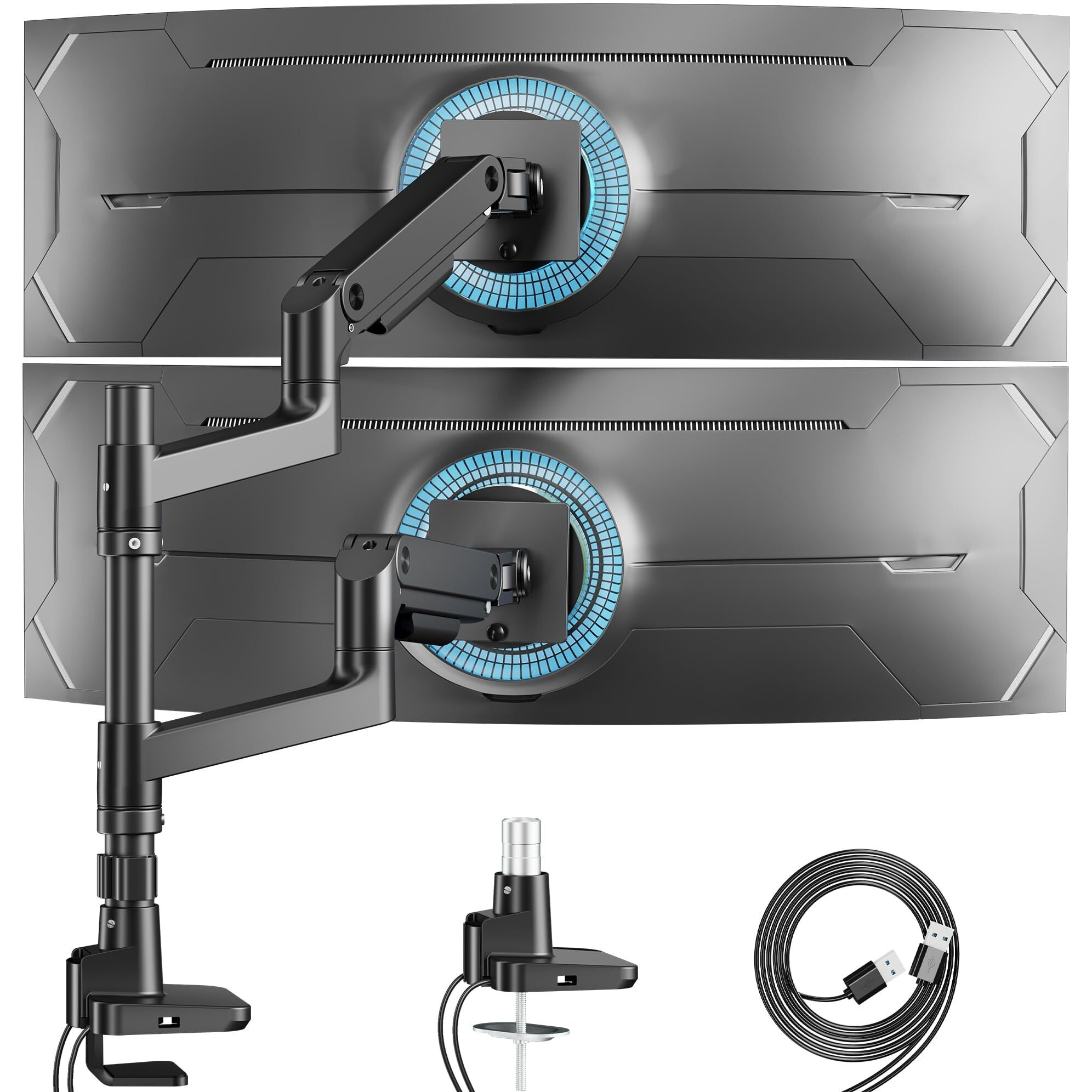 Ares Wing Dual Monitor Arm For Ultrawide Heavy Duty Curved Monitor Stacking  Fits 17-49 Inch  Vertical Gas Spring Double Monitor Mount With Usb  Adjustable Dual Monitor Mount For Desk  Black