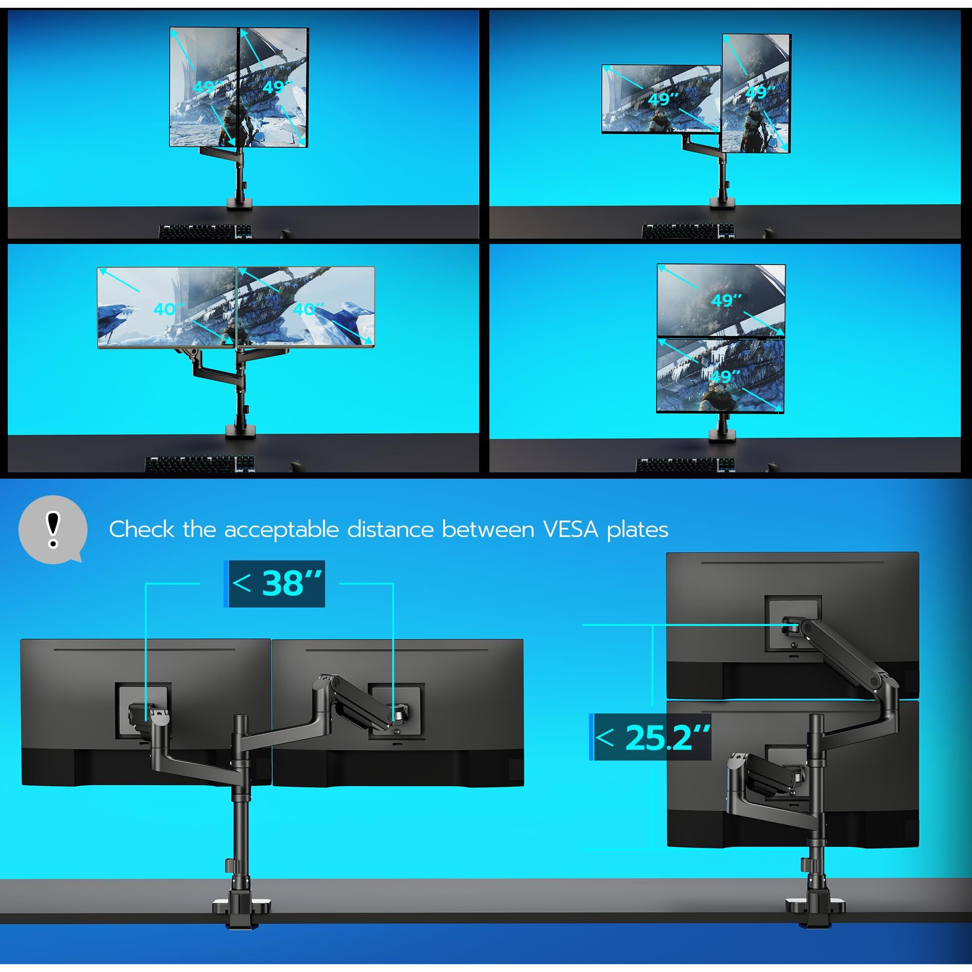 Ares Wing Dual Monitor Arm For Ultrawide Heavy Duty Curved Monitor Stacking  Fits 17-49 Inch  Vertical Gas Spring Double Monitor Mount With Usb  Adjustable Dual Monitor Mount For Desk  Black
