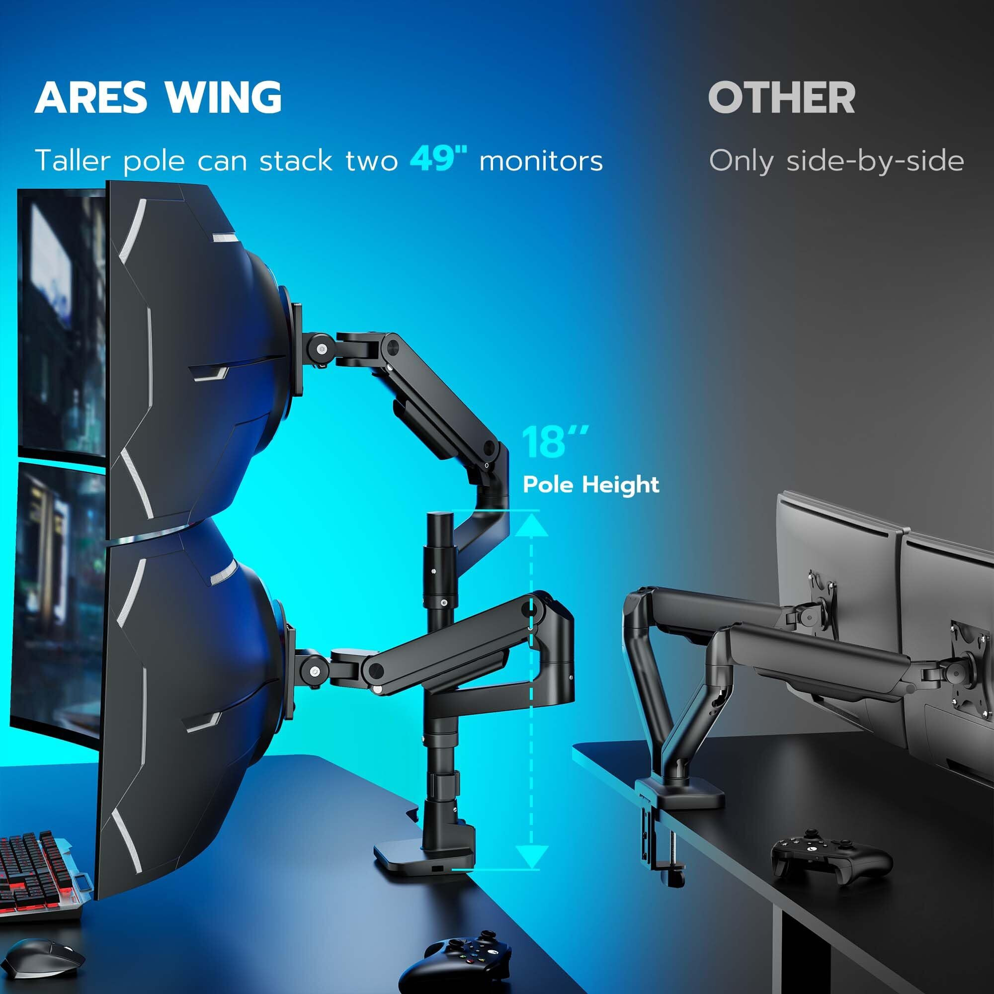 Ares Wing Dual Monitor Arm For Ultrawide Heavy Duty Curved Monitor Stacking  Fits 17-49 Inch  Vertical Gas Spring Double Monitor Mount With Usb  Adjustable Dual Monitor Mount For Desk  Black
