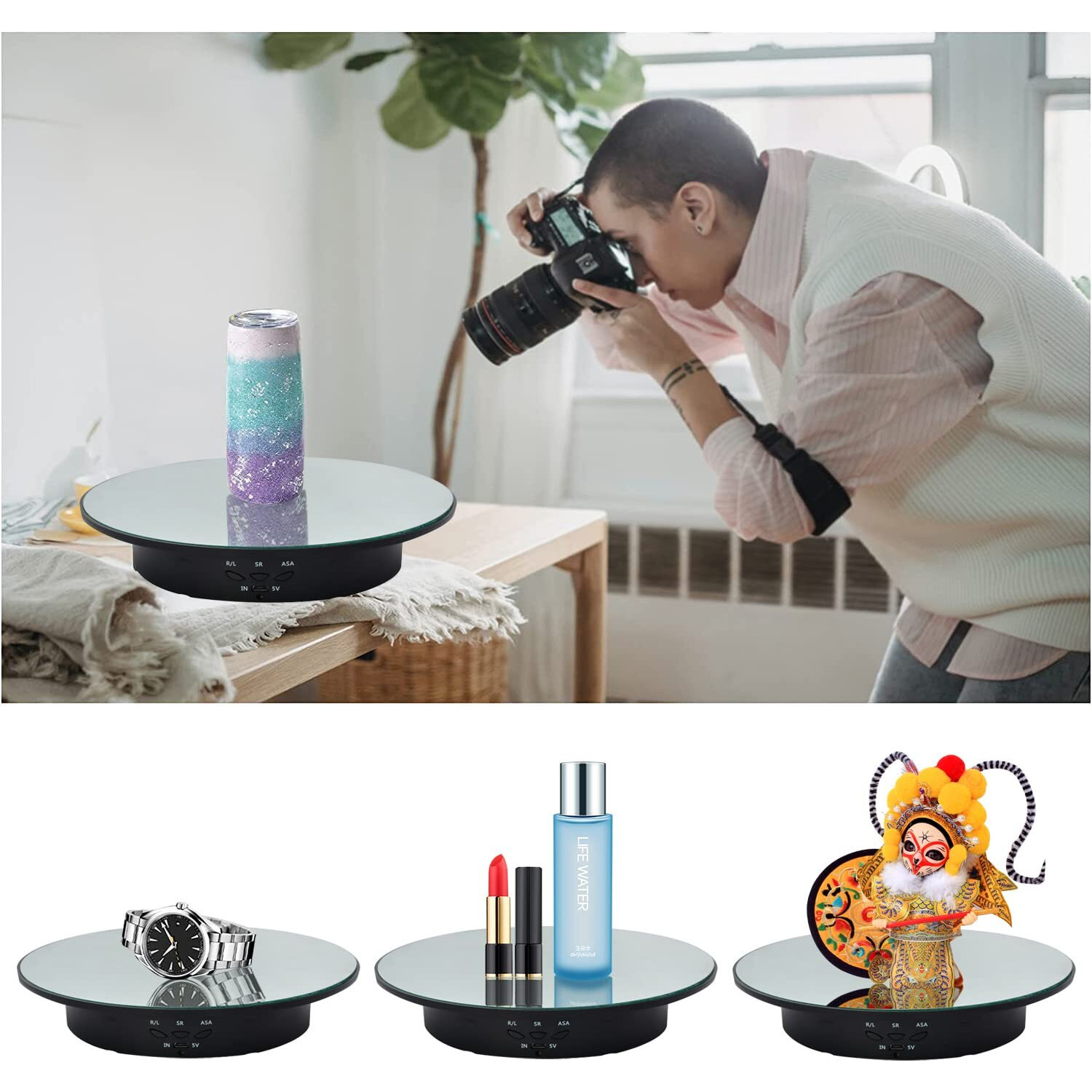Qinmay 360 Degree Rotating Display Stand 360 Degree Photography Turntable With Remote Control 5 Pvc Backgrounds Battery/Usb Power Supply For Photography Product Shows