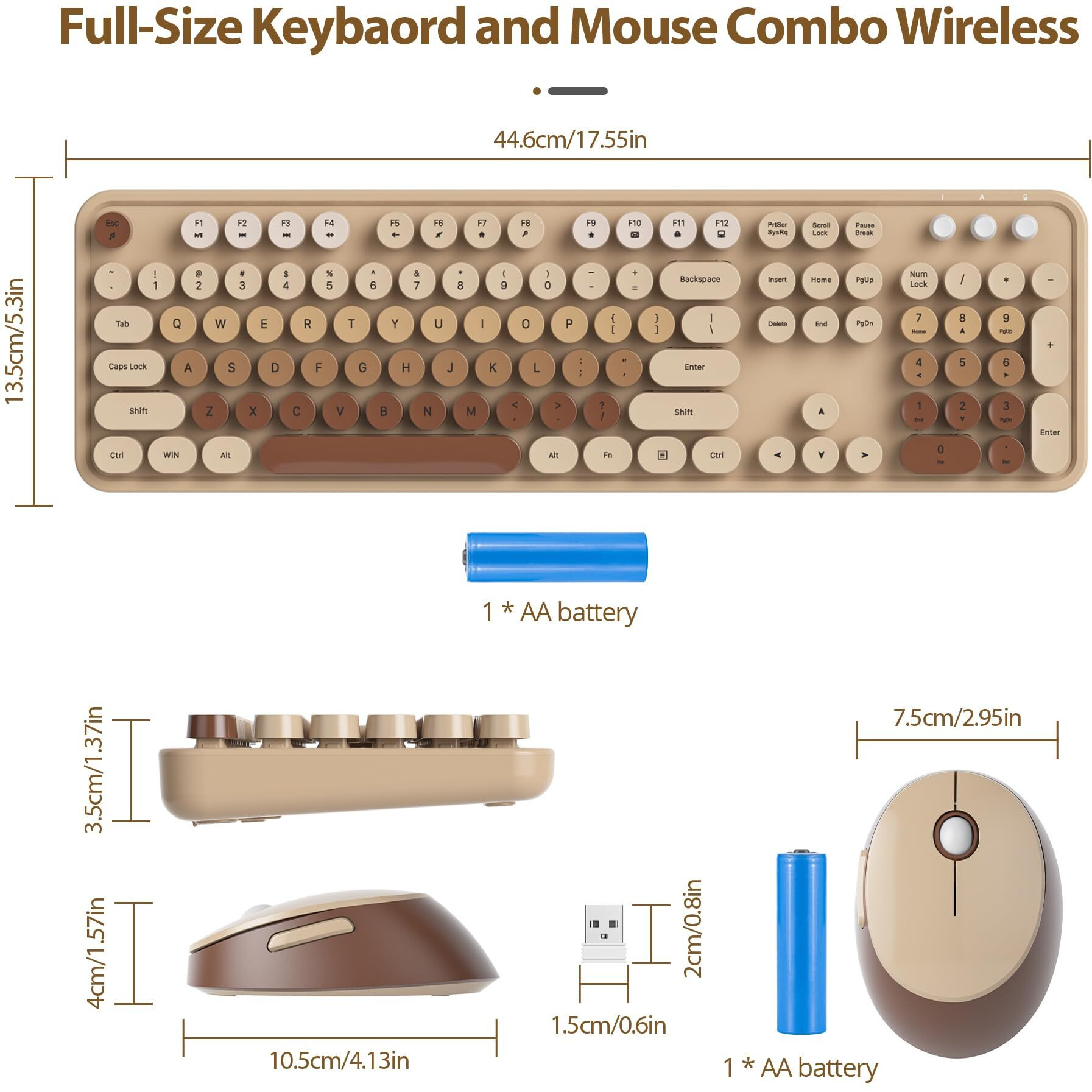 Fogruaden Wireless Keyboard And Mouse Combo  Retro Typewriter Full-Size Keyboard With Number Pad And Cute Mouse  Gradient Colorful Computer Keyboard For Windows Pc Desktops Laptop