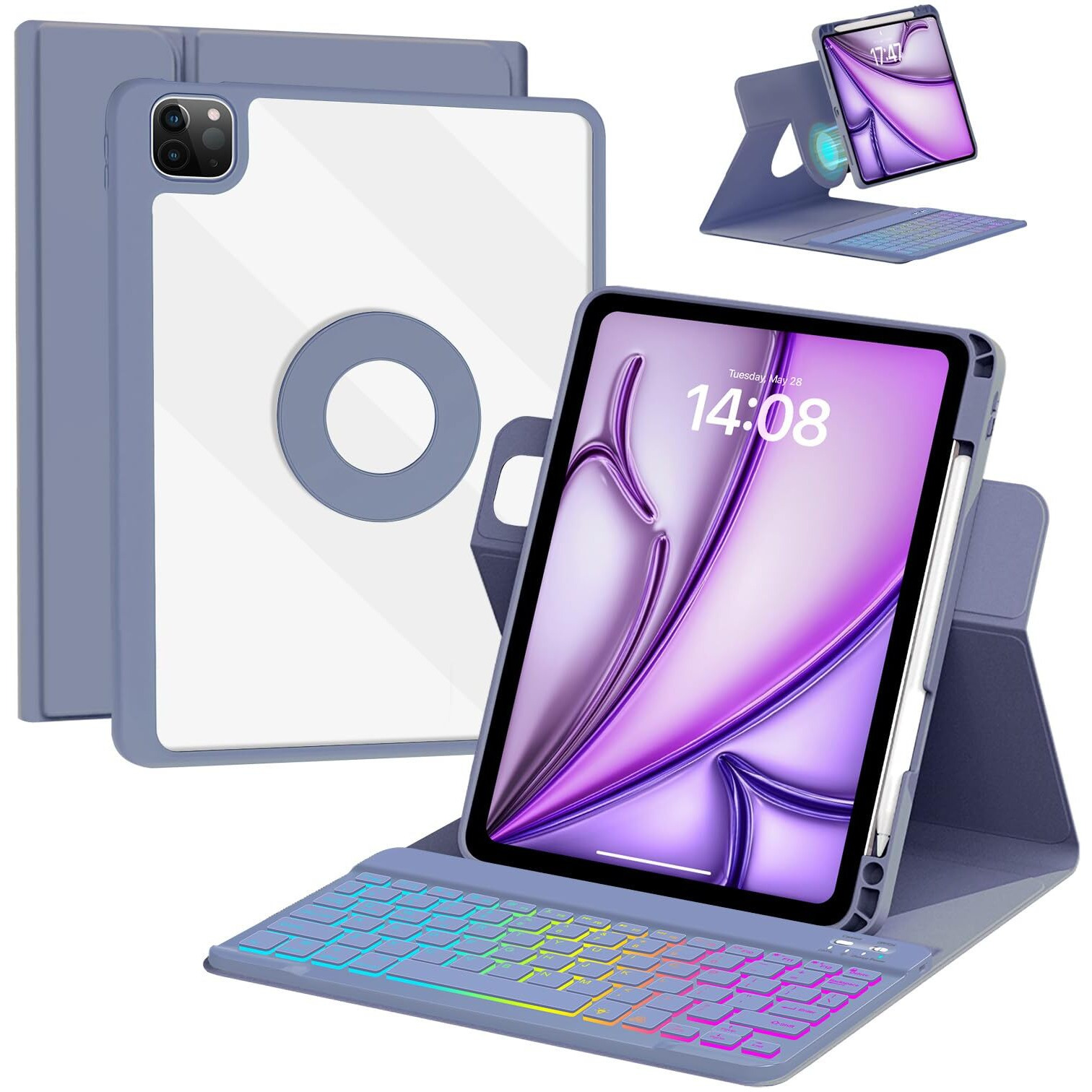 Vowubo Keyboard Case For Ipad Air 6Th Gen 11-Inch (M2) Magic Detachable Rotating  Ipad Air 5Th/4Th Gen  Ipad Pro 11 Inch Case With Wireless Keyboard Colourful Backlit  Built-In Pen Holder  Purple