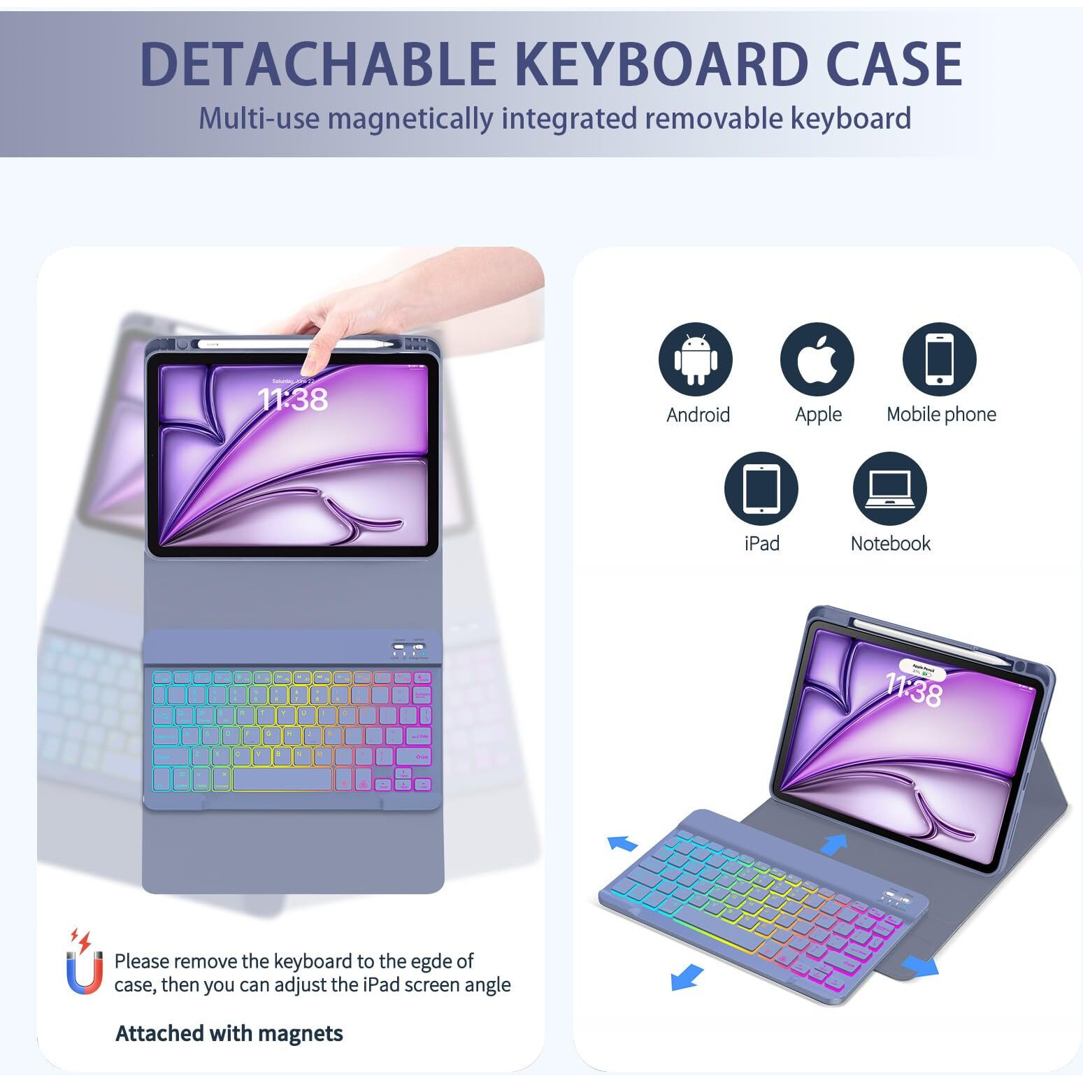 Vowubo Keyboard Case For Ipad Air 6Th Gen 11-Inch (M2) Magic Detachable Rotating  Ipad Air 5Th/4Th Gen  Ipad Pro 11 Inch Case With Wireless Keyboard Colourful Backlit  Built-In Pen Holder  Purple