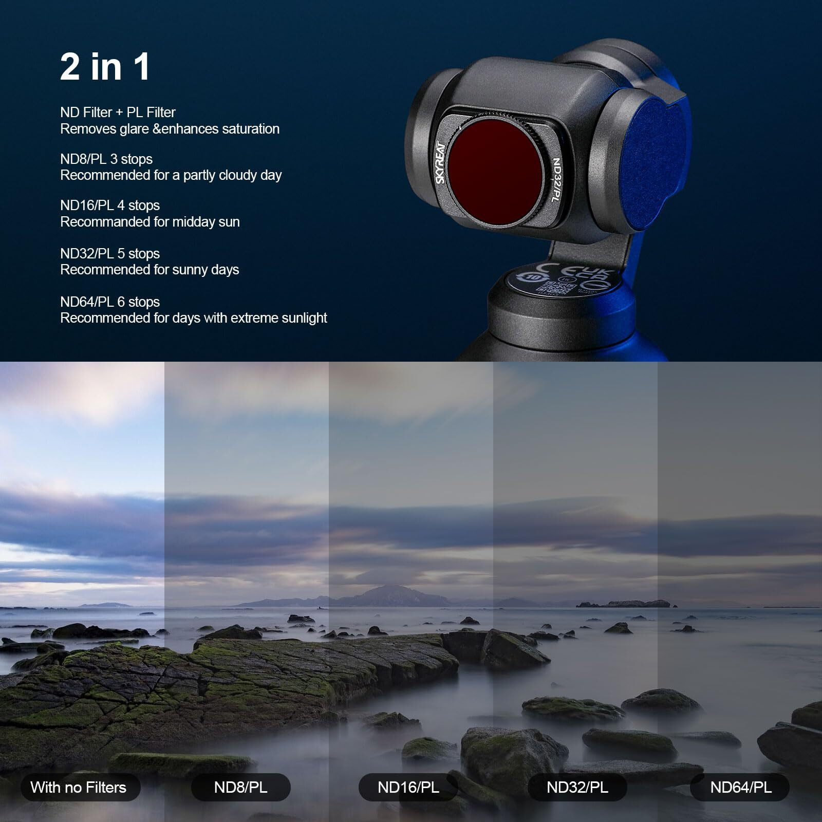 Skyreat Nd Polarized Filters Set For Dji Osmo Pocket 3 Creator Combo Accessories -4-Pack (Nd8/Pl Nd16/Pl Nd32/Pl Nd64/Pl)