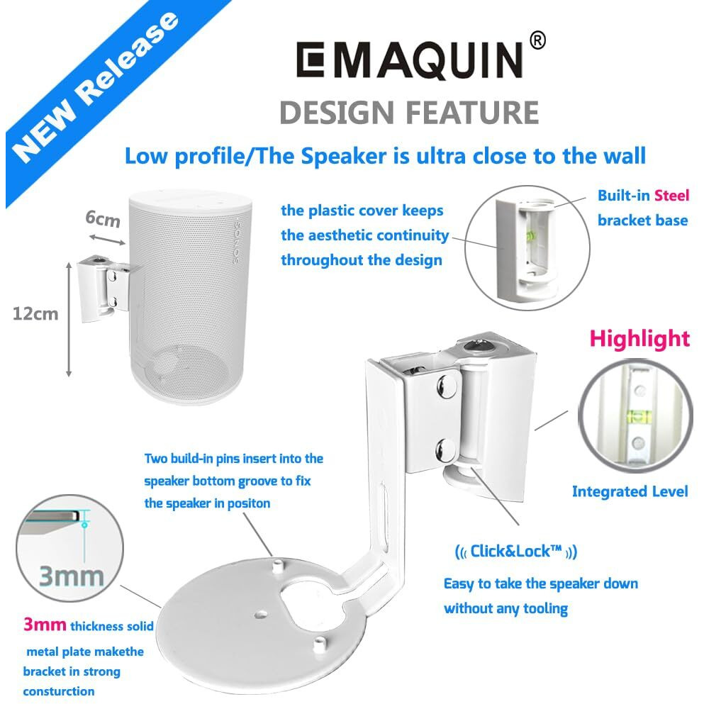 Emaquin Wall Mount Bracket For Sonos Era 100 Speaker (Swivel And Tilt Sturdy Metal Enduring Paint Finish Easy To Intall Compatible With Sonos Era 100 Single Pc White)