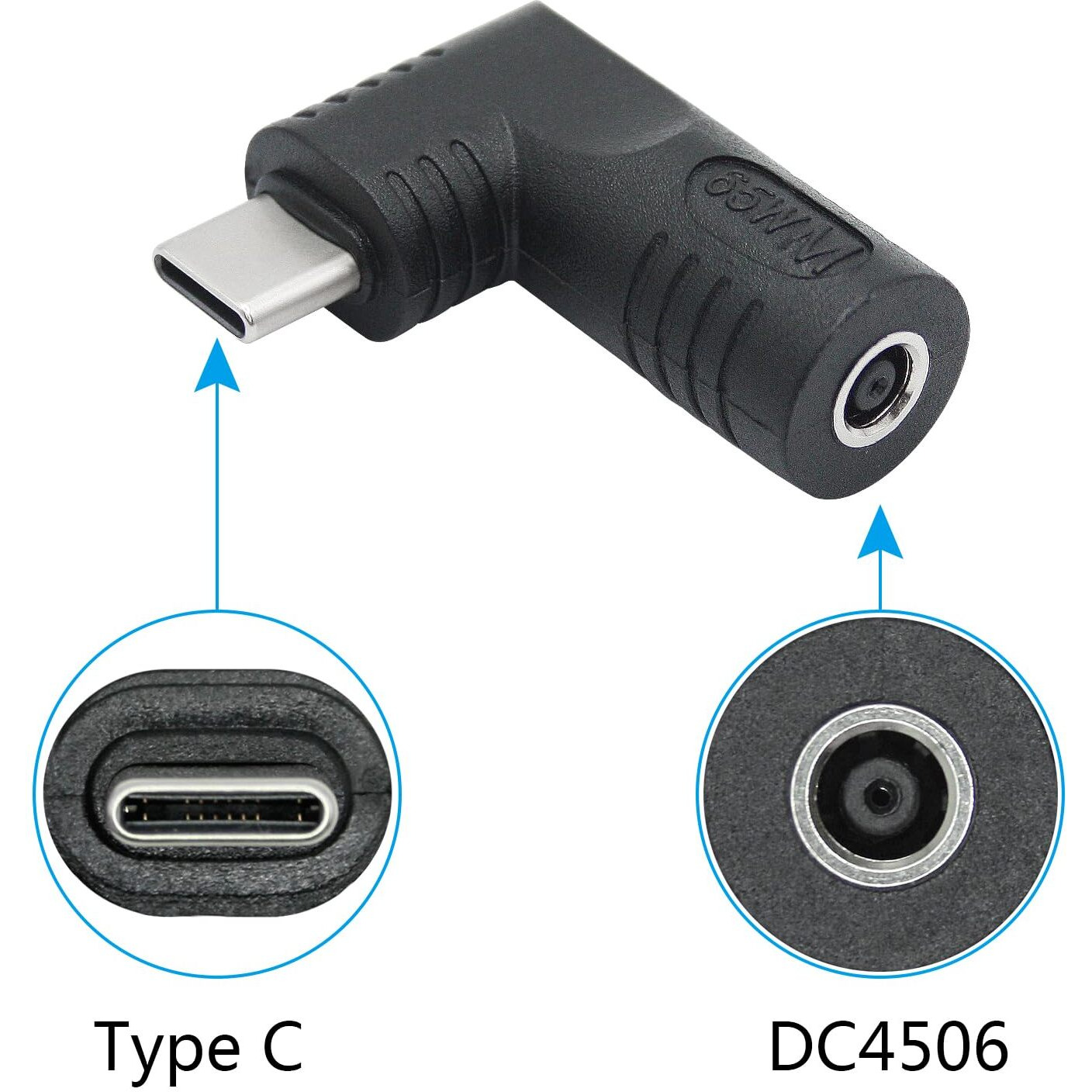 Right Angle Dc 4506 To Usb C Connector Adapter  90 Degree Pd 65W Dc 4.5Mm X 0.6Mm To Usb Type C Male Plug Power Charge Adapter For Laptop  Phone - Black