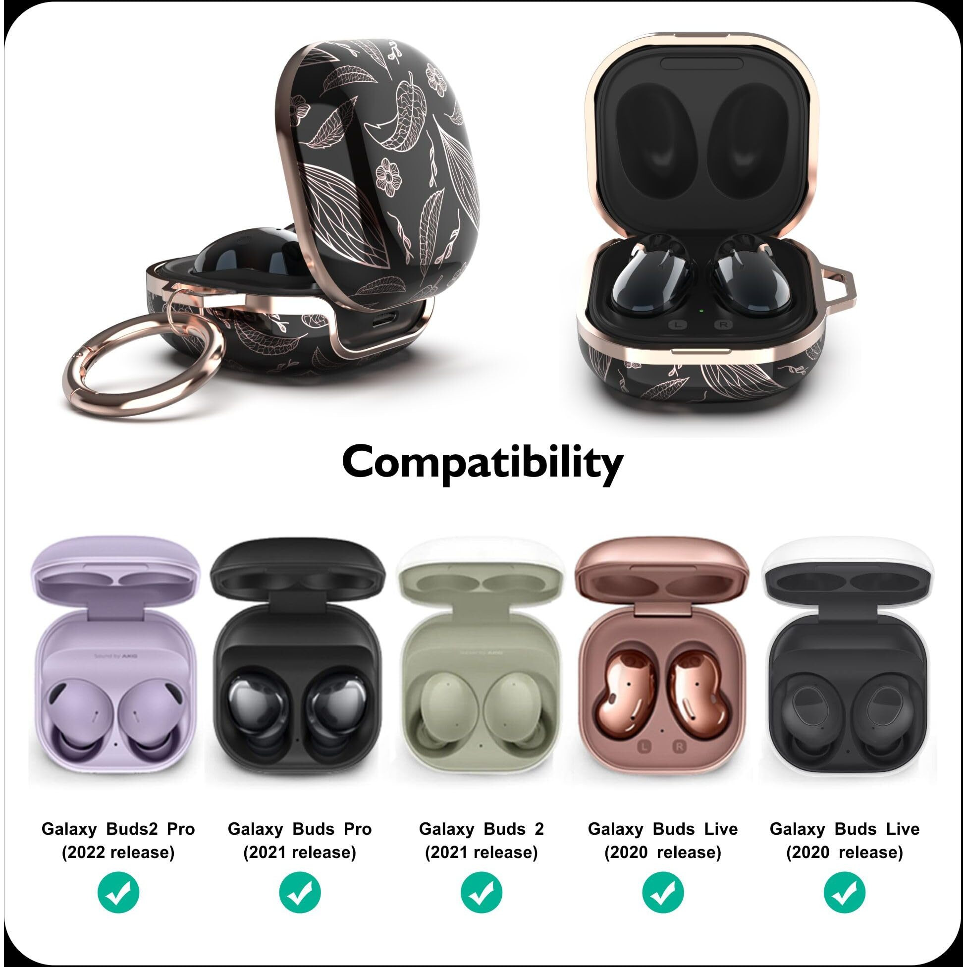 Tatofy Case For Galaxy Buds Fe  Galaxy Buds 2 Pro  Galaxy Buds 2  Galaxy Buds Pro  Galaxy Buds Live  Golden Leaf Golden Flower Hard Case With Carabiner  Support Wireless Charging (Black & Golden)