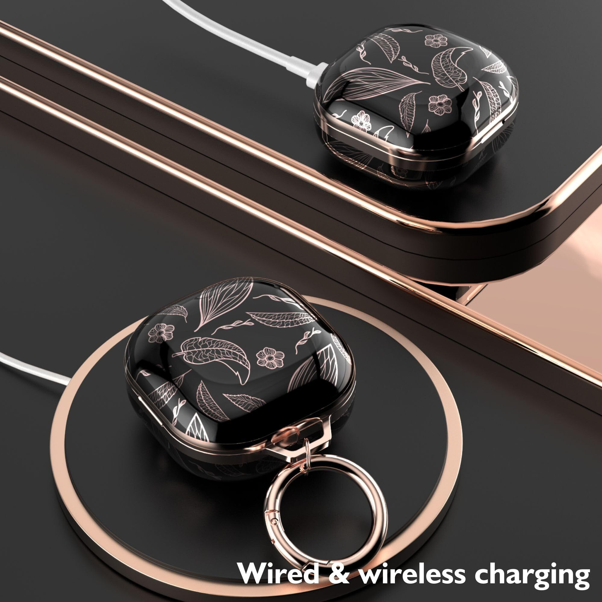 Tatofy Case For Galaxy Buds Fe  Galaxy Buds 2 Pro  Galaxy Buds 2  Galaxy Buds Pro  Galaxy Buds Live  Golden Leaf Golden Flower Hard Case With Carabiner  Support Wireless Charging (Black & Golden)