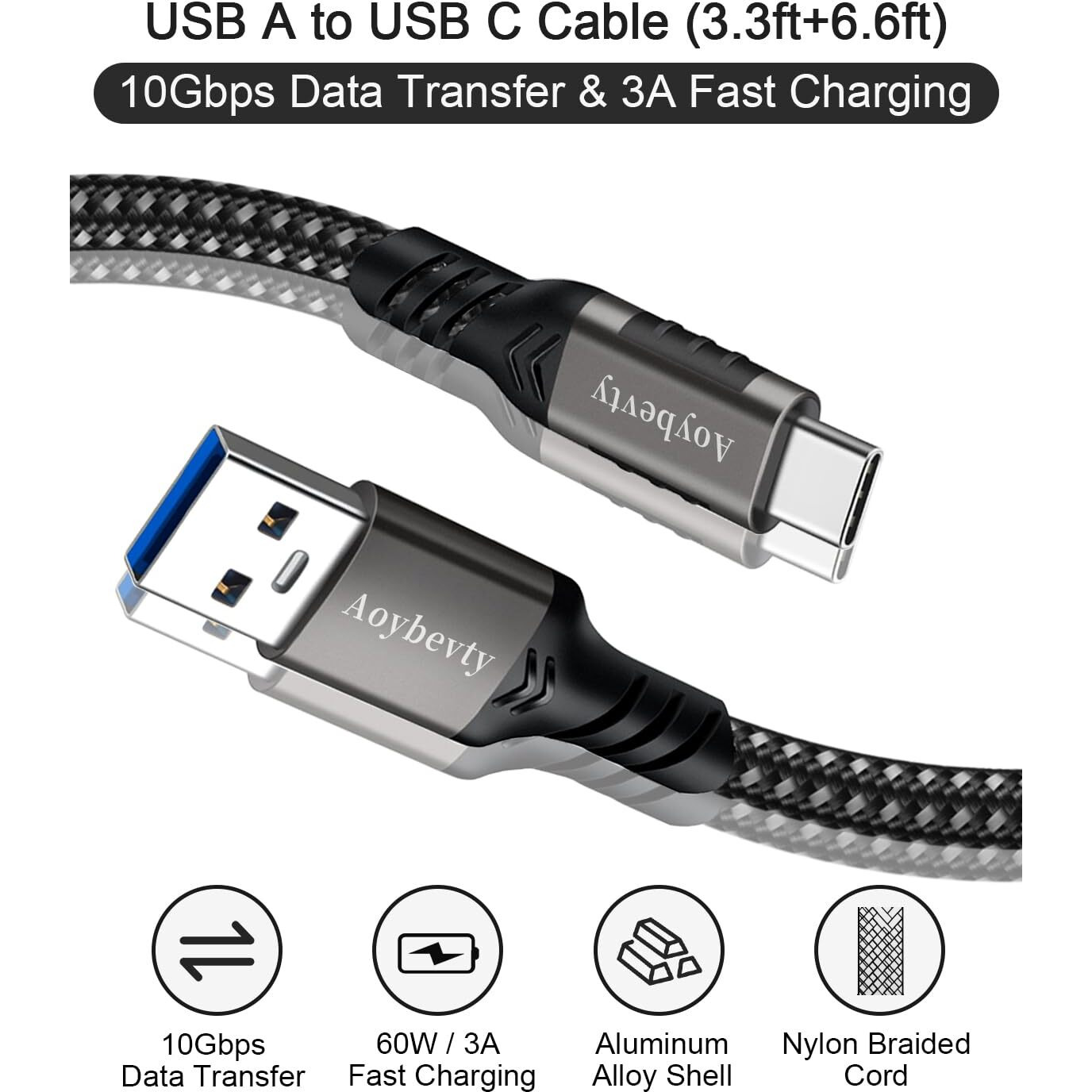 Aoybevty Usb A To Usb C Cable 3.3Ft+6.6Ft  10Gbps Data Transfer And 60W 3A Fast Charging 3.1/3.2 Gen 2 Cable  For Samsung Galaxy Macbook Laptop Tablet Phone And Other Type A To Type C Device