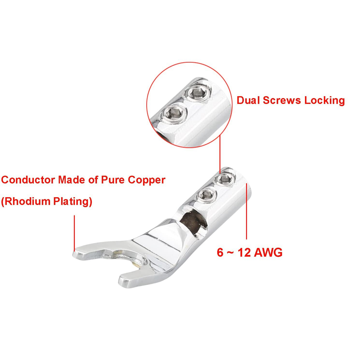 Viborg Pure Copper Speaker Spade Plug  Screw Locking Speaker Wire Connector  Fork Y Spade Lugs With Allen Wrench For Speaker Wire Diy 4Pcs (Rhodium Plated With Heat Shrink Tube)
