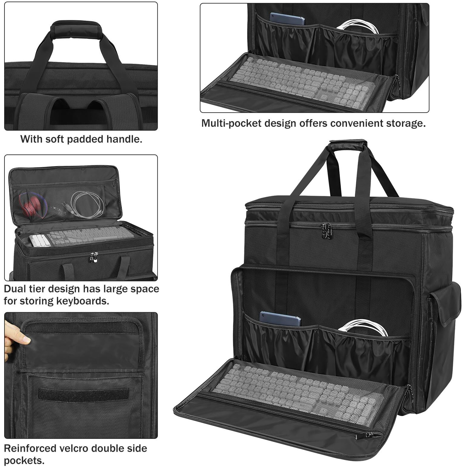 Xidihf Double Layer Computer Tower Carrying Case Desktop Computer Travel Storage Bag For Pc Chassis  Keyboard  Cable  Mouse And Accessories  Bag Only (Black)
