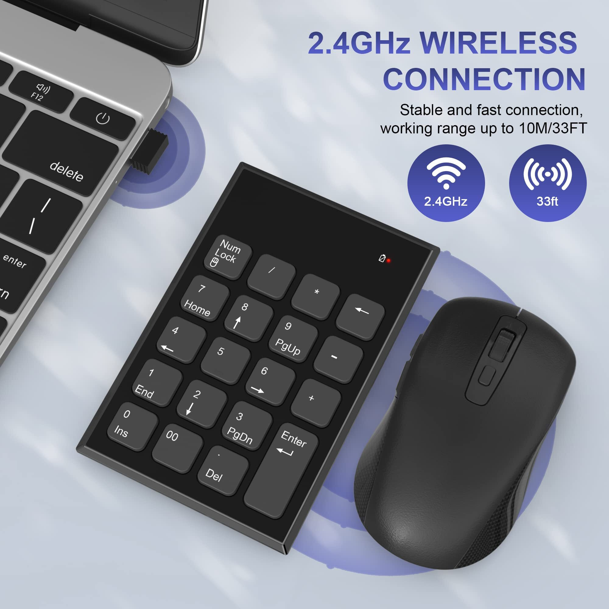 Wireless Number Pad And Mouse Combo 2.4G 19 Keys Usb Wireless Numeric Keypad 3 Adjustable Silent Mouse Speeds Dpi 800/1200/1600 Set For Laptop Notebook Desktop Pc Computer-Use One Usb Receiver