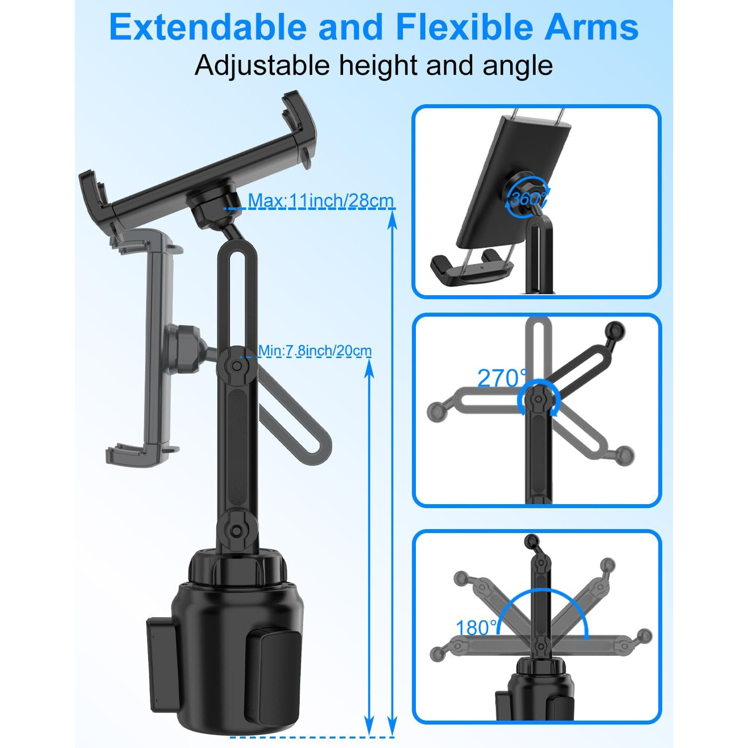 Kolasels Cup Holder Tablet Mount For Car  360 Adjustable Ipad Cup Holder Mount  Cup Holder Tablet Holder For Truck  Compatible With Ipad Pro Air Mini  Galaxy Tabs  4.7-12.9"" Tablet & Phone