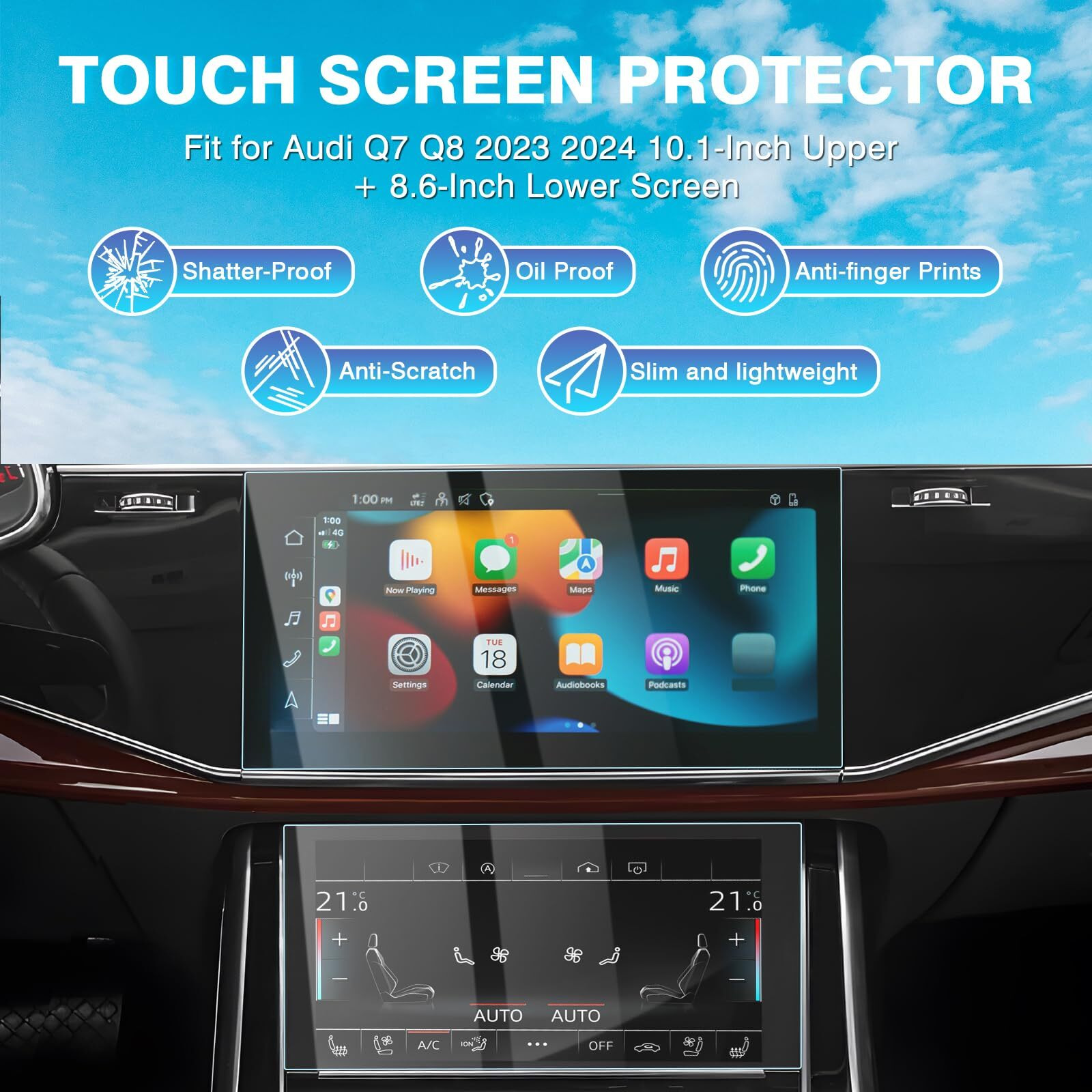 Karltys 2 Pack Screen Protector For 2020-2024 Audi Q7 Q8 10.1-Inch Upper + 8.6-Inch Lower Screen  9H Tempered Glass Screen Protector For Audi Q7 Accessories  Car Radio Screen Cover Anti Fingerprint