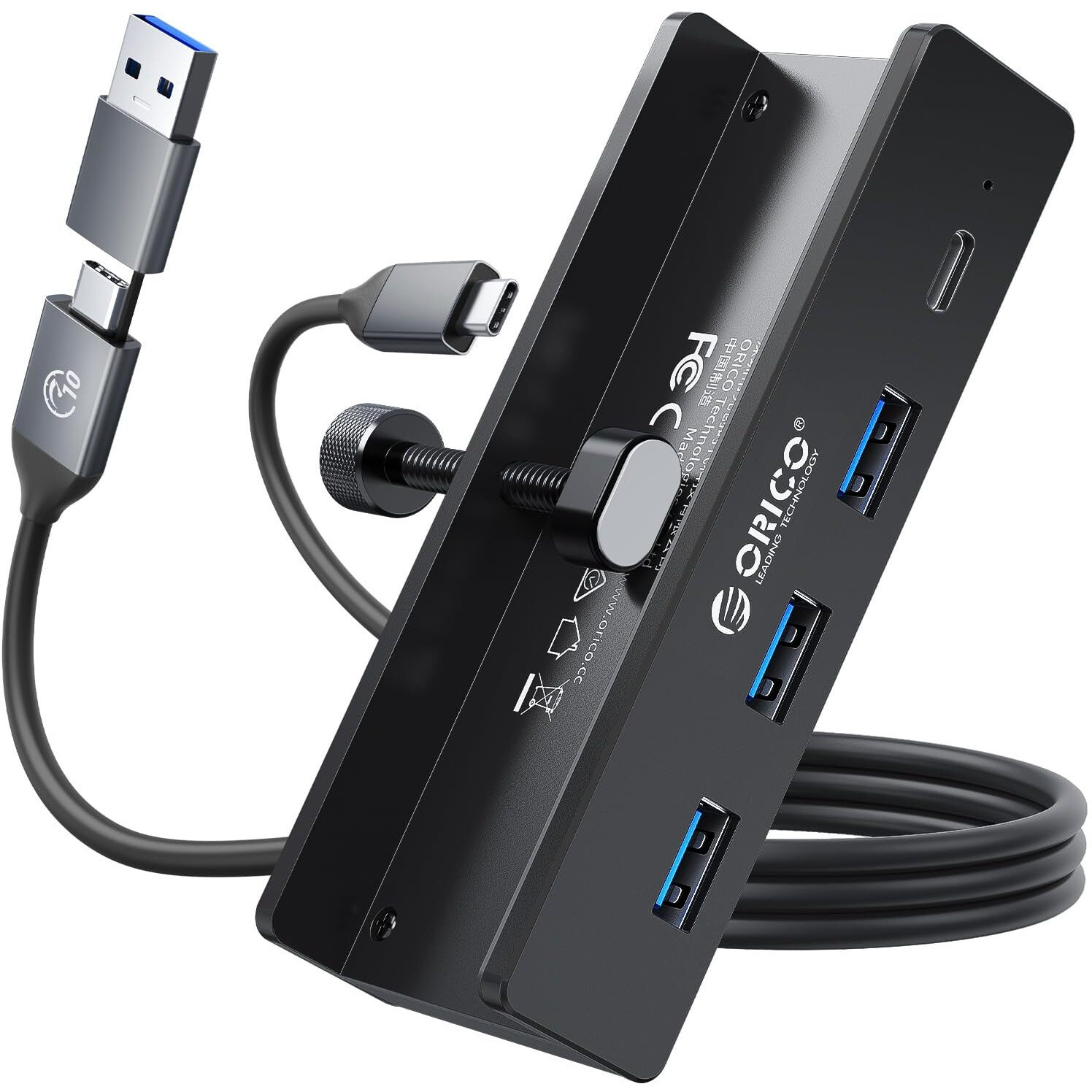 Orico Usb Hub 3.0  Clamp Usb Hub With Extra Power Supply Port  Aluminum 4-Port Usb Adapter With 3 Usb-A Data Ports  Usb-C Port For Monitors  Desks (Black)