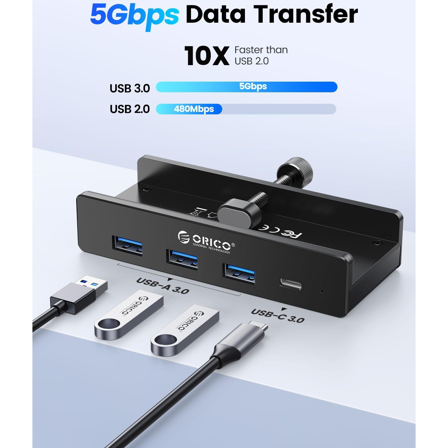 Orico Usb Hub 3.0  Clamp Usb Hub With Extra Power Supply Port  Aluminum 4-Port Usb Adapter With 3 Usb-A Data Ports  Usb-C Port For Monitors  Desks (Black)