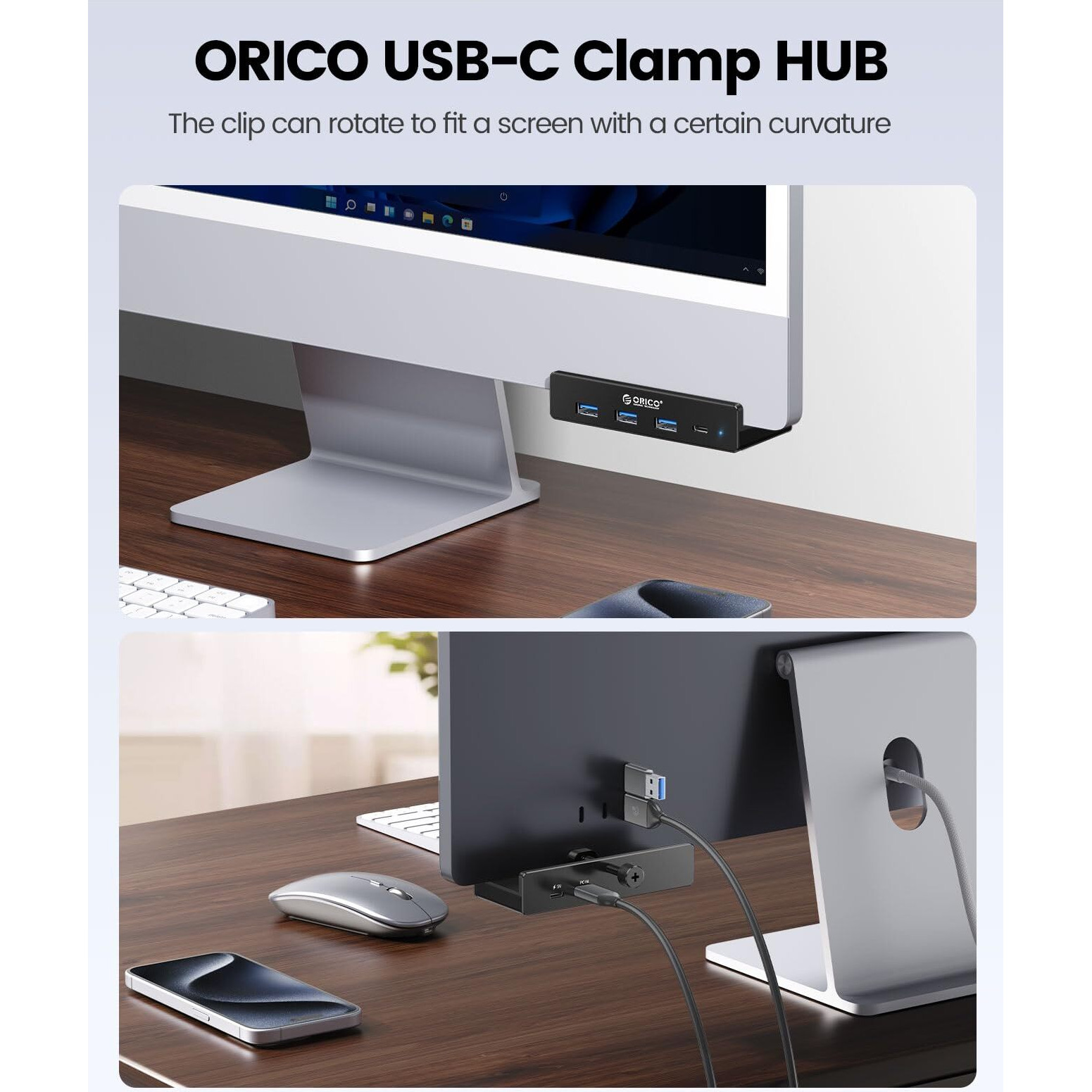 Orico Usb Hub 3.0  Clamp Usb Hub With Extra Power Supply Port  Aluminum 4-Port Usb Adapter With 3 Usb-A Data Ports  Usb-C Port For Monitors  Desks (Black)
