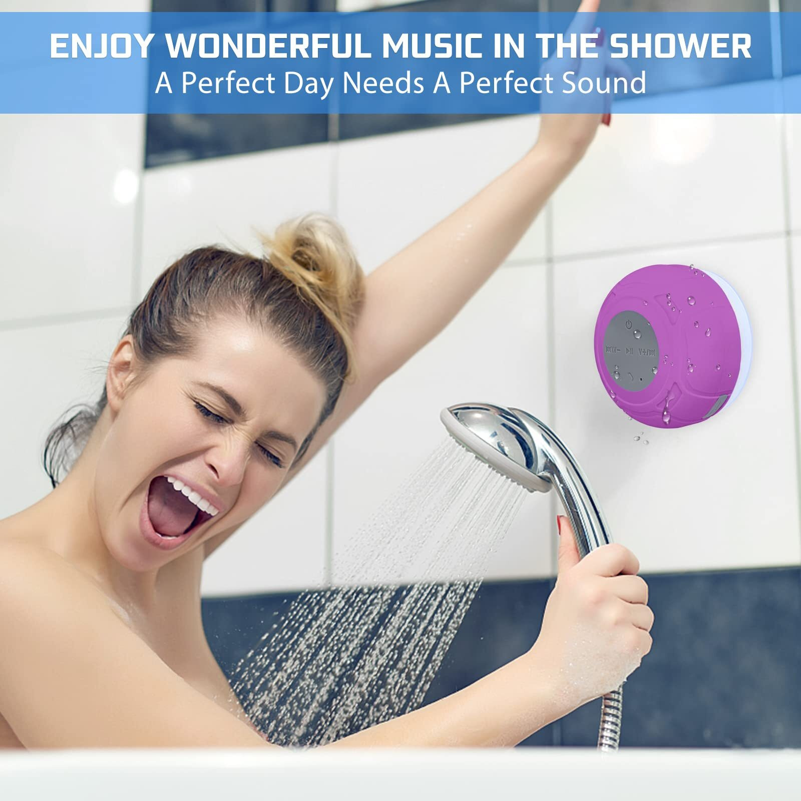Lukader Waterproof Bluetooth Shower Speaker Portable Wireless Water-Resistant Speaker Suction Cup Built-In Mic Gifts For Kids Speakerphone Bathroom Kitchen - Purple
