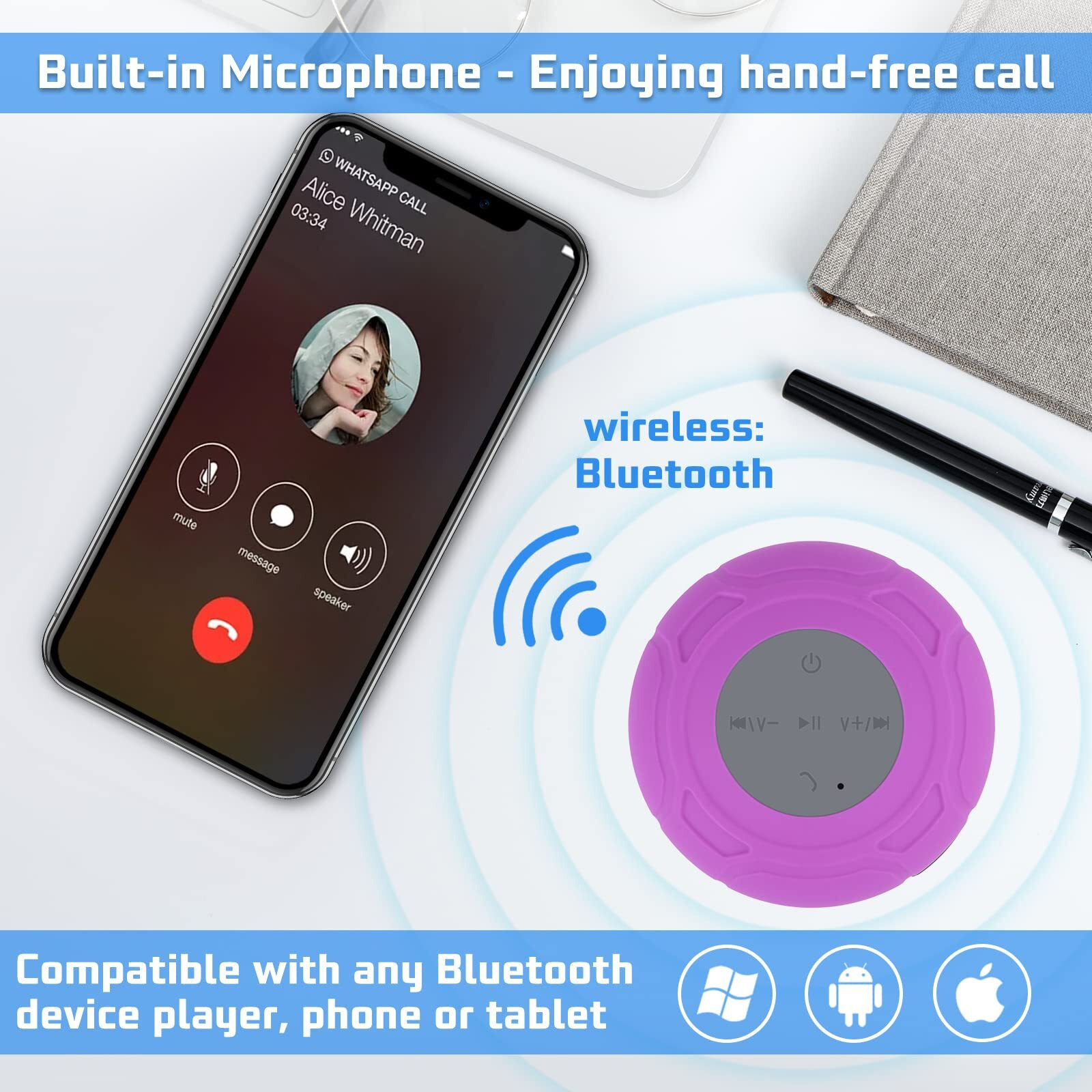 Lukader Waterproof Bluetooth Shower Speaker Portable Wireless Water-Resistant Speaker Suction Cup Built-In Mic Gifts For Kids Speakerphone Bathroom Kitchen - Purple