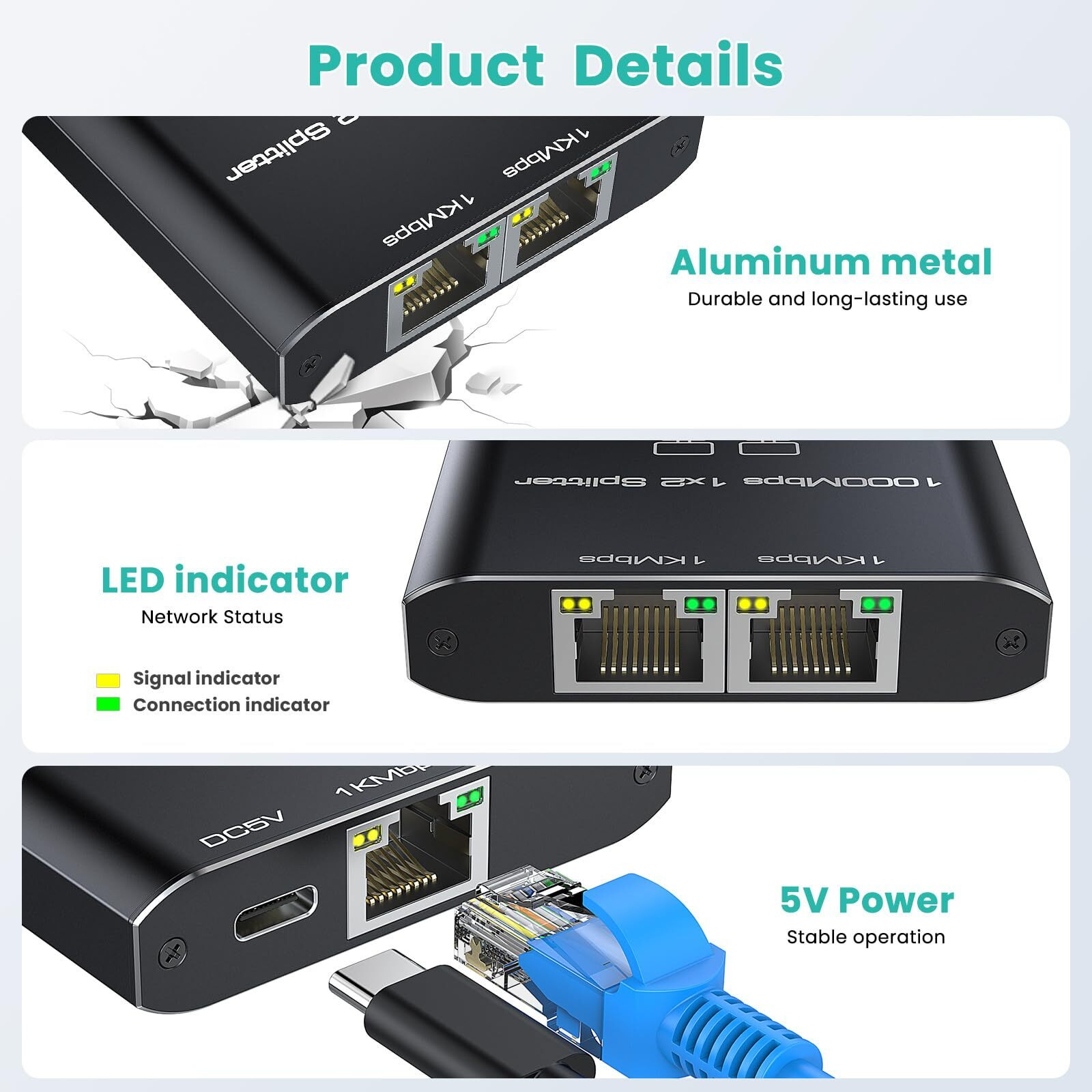 Ethernet Splitter 1 To 2  High Speed Gigabit 1000Mbps  Lan Network Splitter With Usb Power Cable  Gigabit Rj45 Internet Ethernet Splitter For Cat 5/5E/6/7/8 Cable [2 Devices Networked Simultaneously]