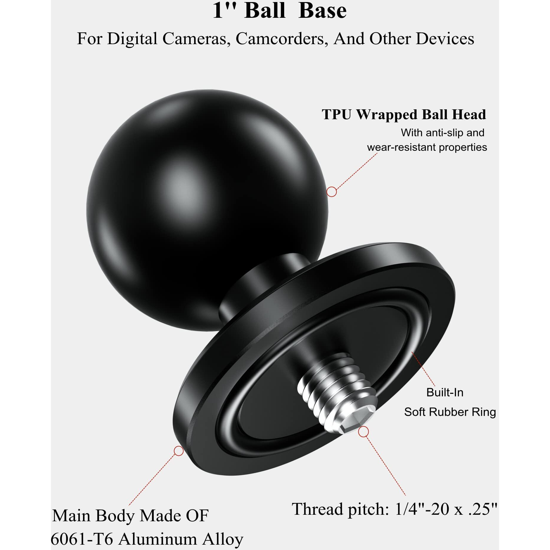 Brcovan Aluminum Alloy 1'' Ball Adapter With 1/4""-20 Threaded Stud For Action Camera & Camcorder Compatible With Ram Mounts B Size Double Socket Arm