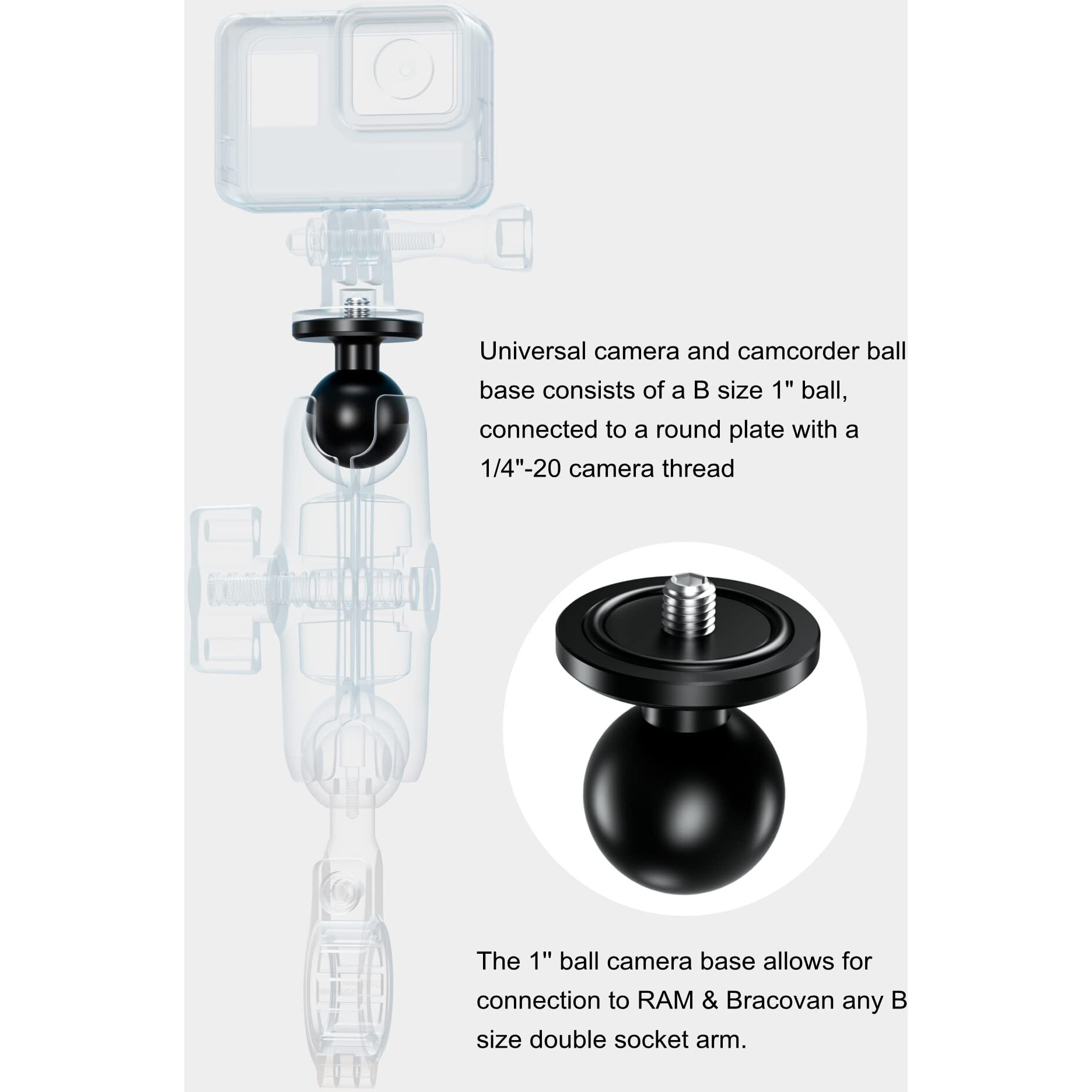 Brcovan Aluminum Alloy 1'' Ball Adapter With 1/4""-20 Threaded Stud For Action Camera & Camcorder Compatible With Ram Mounts B Size Double Socket Arm