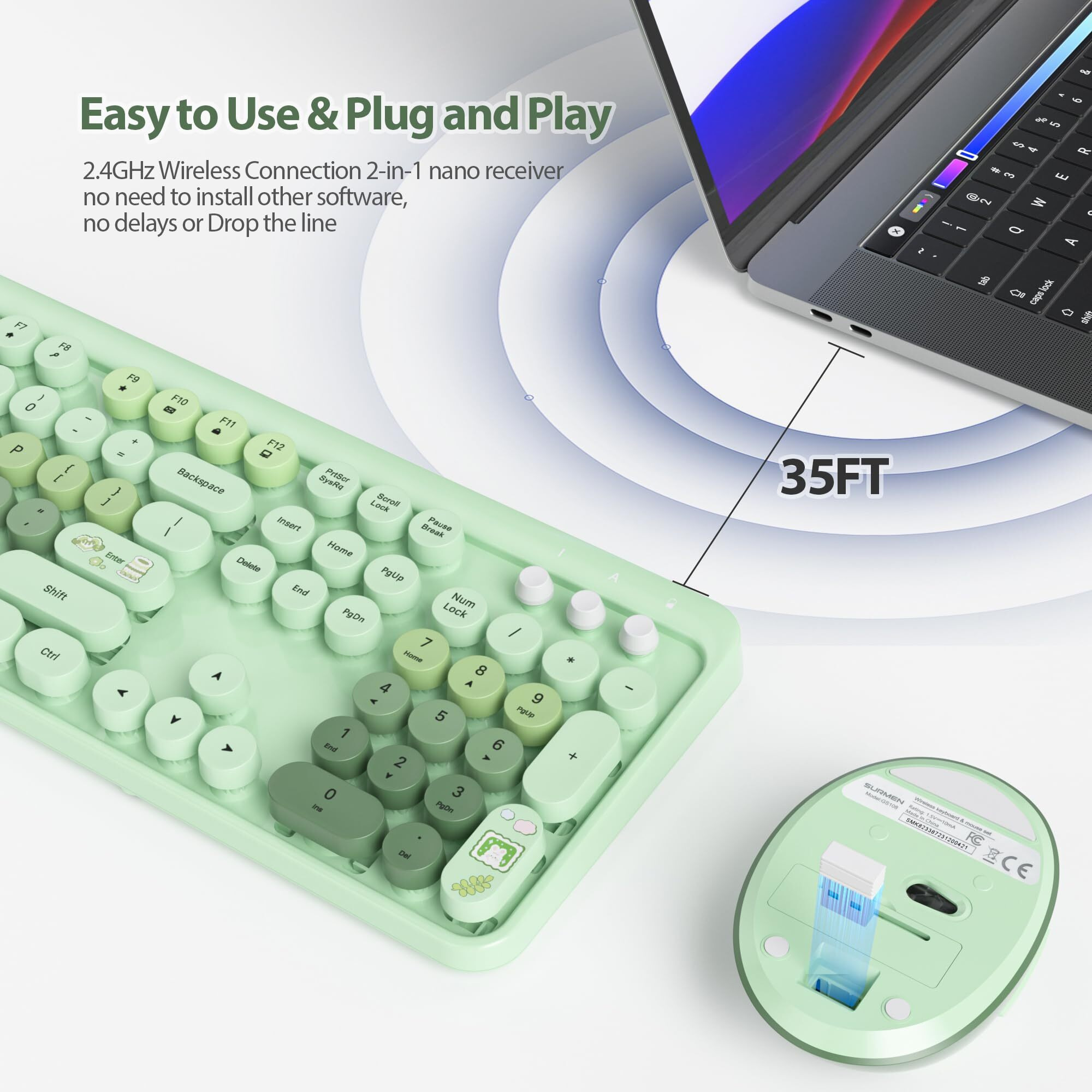 Fogruaden Green Keyboard And Mouse Wireless  Retro Typewriter Keyboard  2.4Ghz 104 Keys Full Size Cute Keyboard With Number Pad  Gradient Colorful Keyboard With Round Keycaps For Windows Pc Laptop
