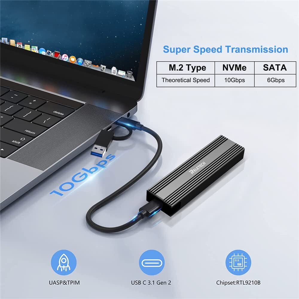 Reletech M.2 Ssd Portable Usb3.1 Type-C 10Gps Hard Drive Case  Supports Nvme/Sata Two Protocols  Suitable For Macbook Ssd Enclosure Gen 2 (10 Gbps) To Nvme Pci-E M.2 Ssd Case (Black)