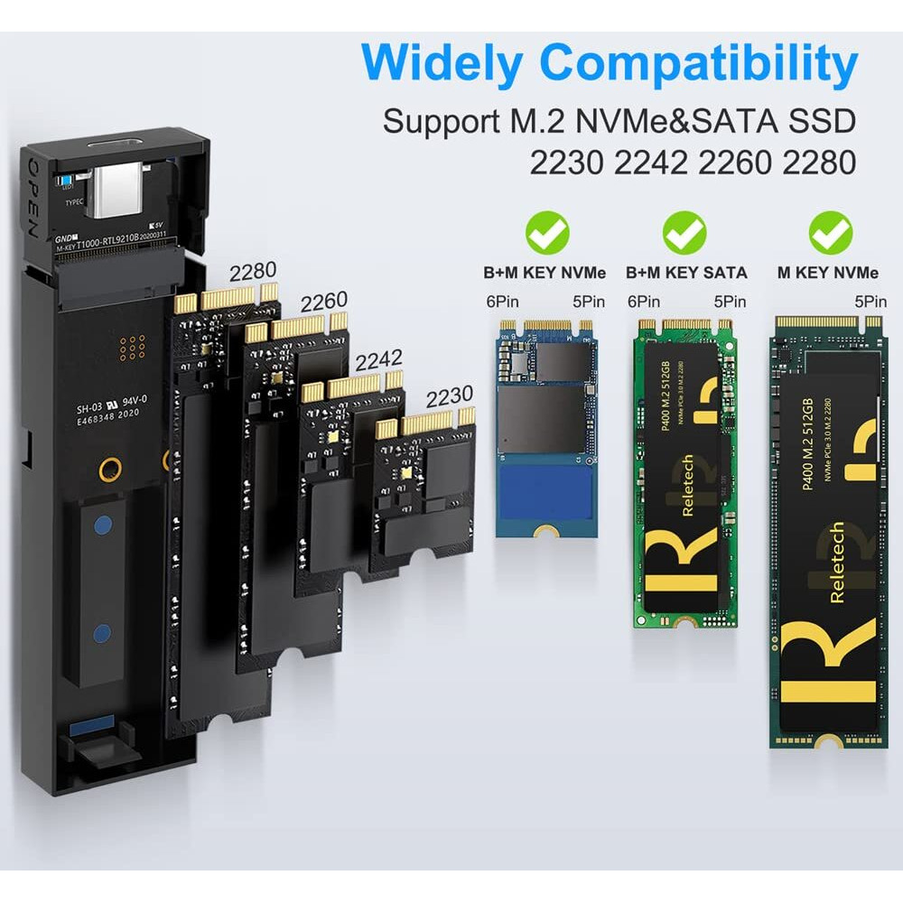 Reletech M.2 Ssd Portable Usb3.1 Type-C 10Gps Hard Drive Case  Supports Nvme/Sata Two Protocols  Suitable For Macbook Ssd Enclosure Gen 2 (10 Gbps) To Nvme Pci-E M.2 Ssd Case (Black)