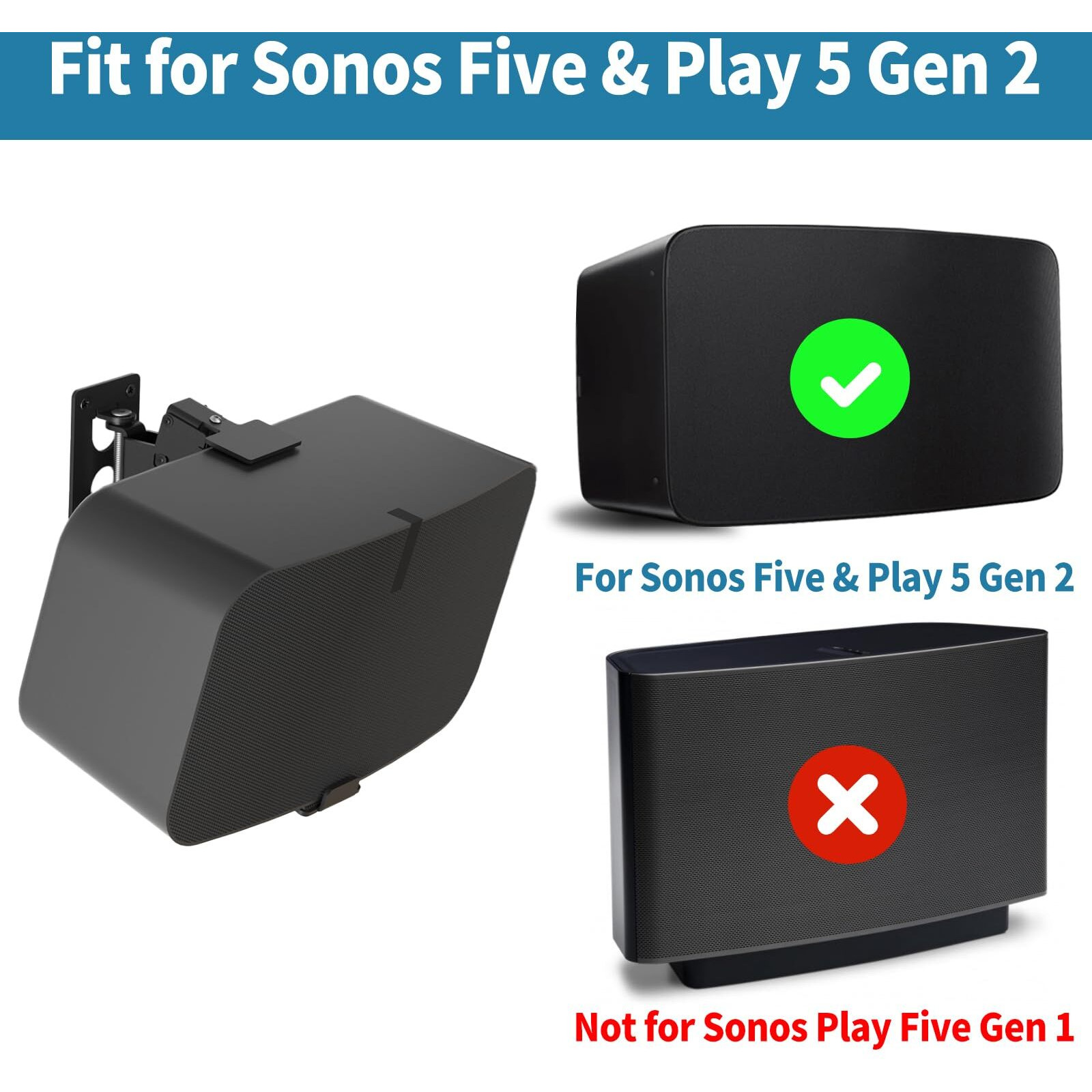 Yibracki Heavy Duty Speaker Wall Mount For Sonos 5 Mount & Sonos Play 5 Mount - Tilt & Swivel Adjustable Speaker Mount For Sonos 5 & Five Wall Mount And Sonos Play 5 Gen 2 Wall Mount  Black