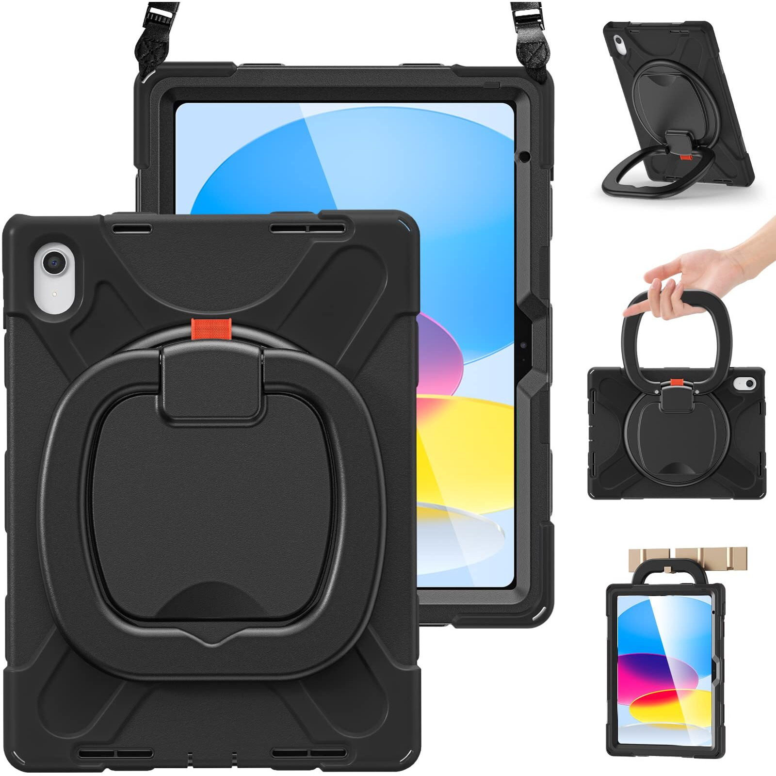 Braecn Case For 10.9  Ipad 10Th Generation 2022 A2696 A2757 A2777  Protective Silicone Rugged With Screen Protector/Swivel Ring Stand/Stable Kickstand/Handle Grip/Shoulder Strap For Kids  Black