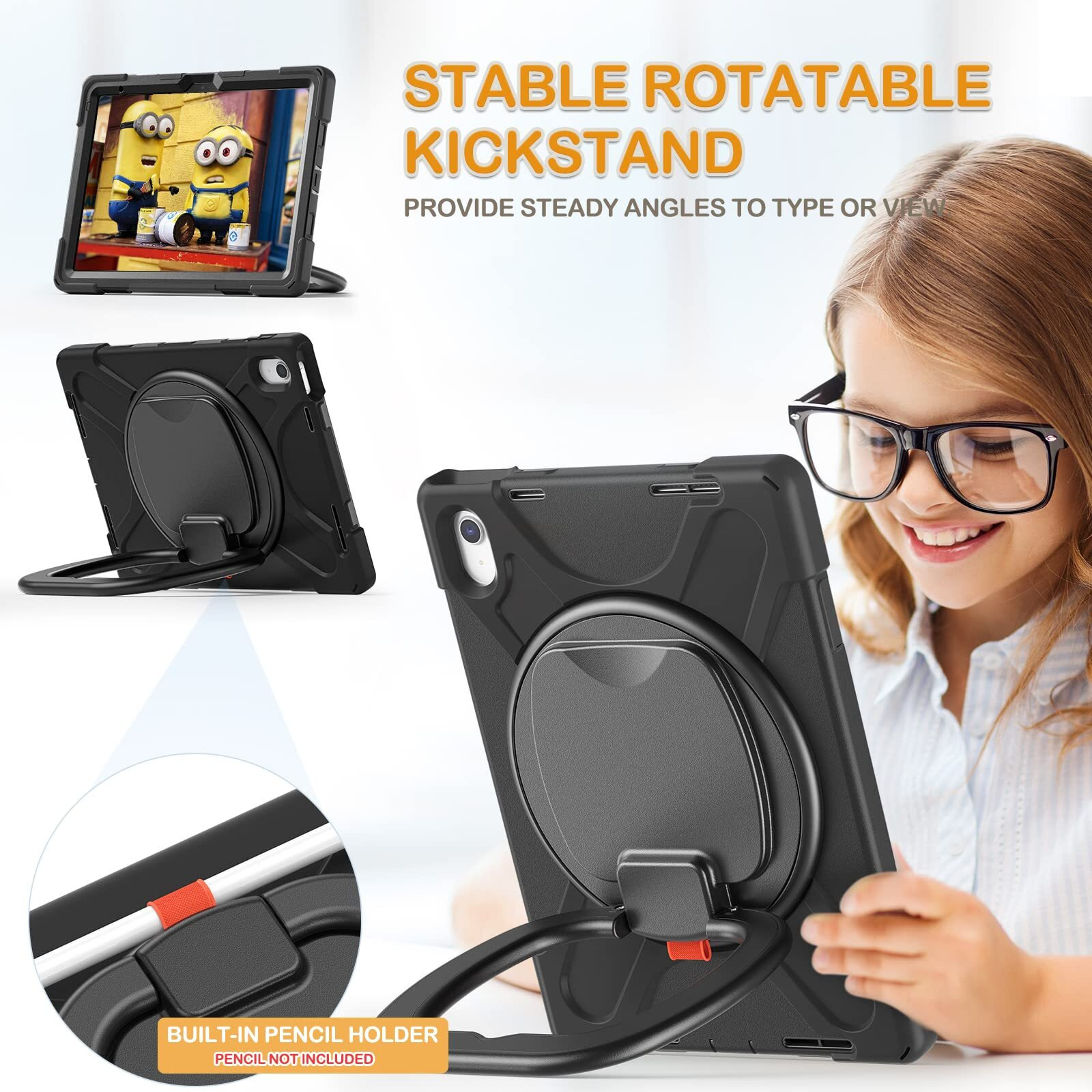 Braecn Case For 10.9  Ipad 10Th Generation 2022 A2696 A2757 A2777  Protective Silicone Rugged With Screen Protector/Swivel Ring Stand/Stable Kickstand/Handle Grip/Shoulder Strap For Kids  Black