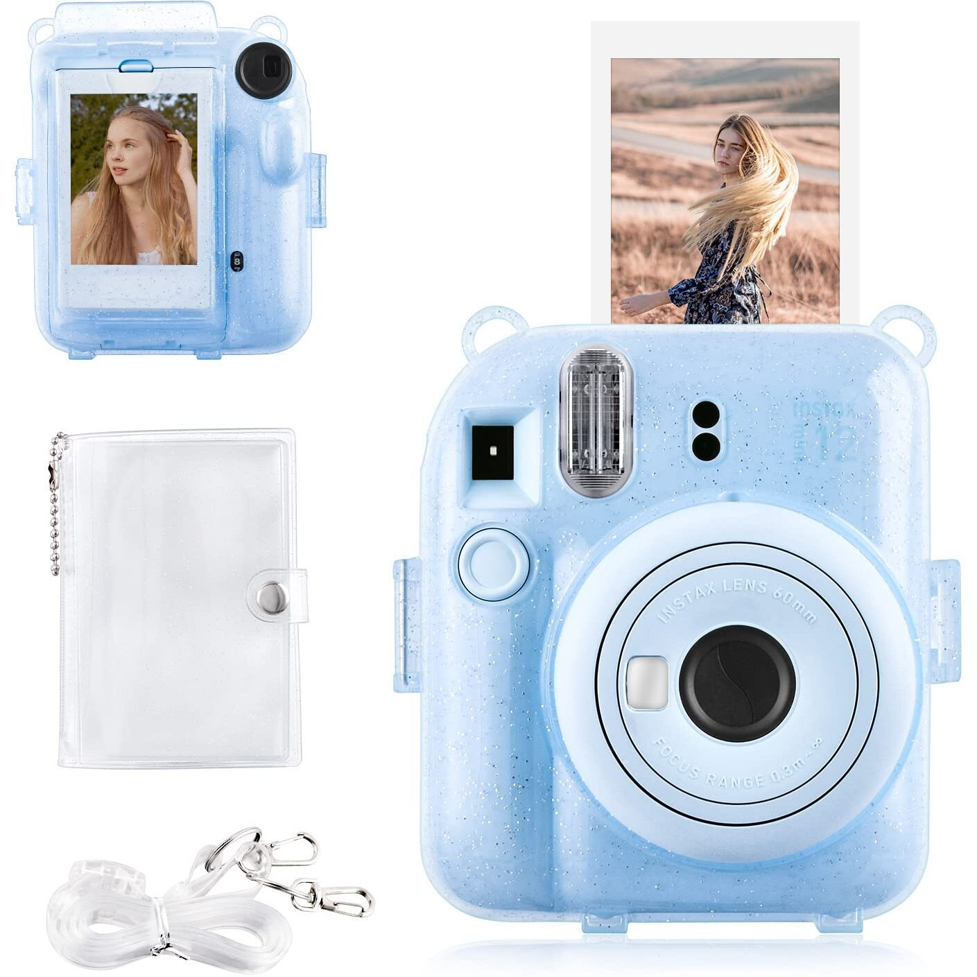 Rieibi Clear Case Compatible With Fuji Instax Mini 12 - Glitte Case Bag For Fujifilm Instax Mini 12 Instant Camera With Back Pocket  Strap And Photo Album - Glitter Blue