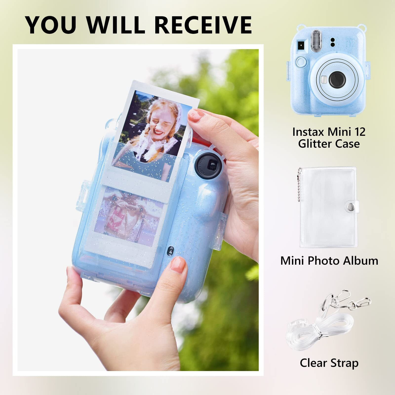 Rieibi Clear Case Compatible With Fuji Instax Mini 12 - Glitte Case Bag For Fujifilm Instax Mini 12 Instant Camera With Back Pocket  Strap And Photo Album - Glitter Blue