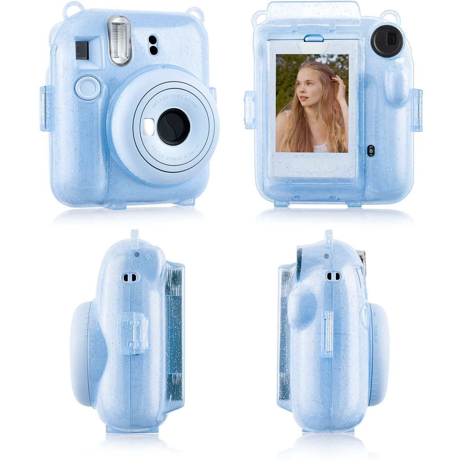 Rieibi Clear Case Compatible With Fuji Instax Mini 12 - Glitte Case Bag For Fujifilm Instax Mini 12 Instant Camera With Back Pocket  Strap And Photo Album - Glitter Blue