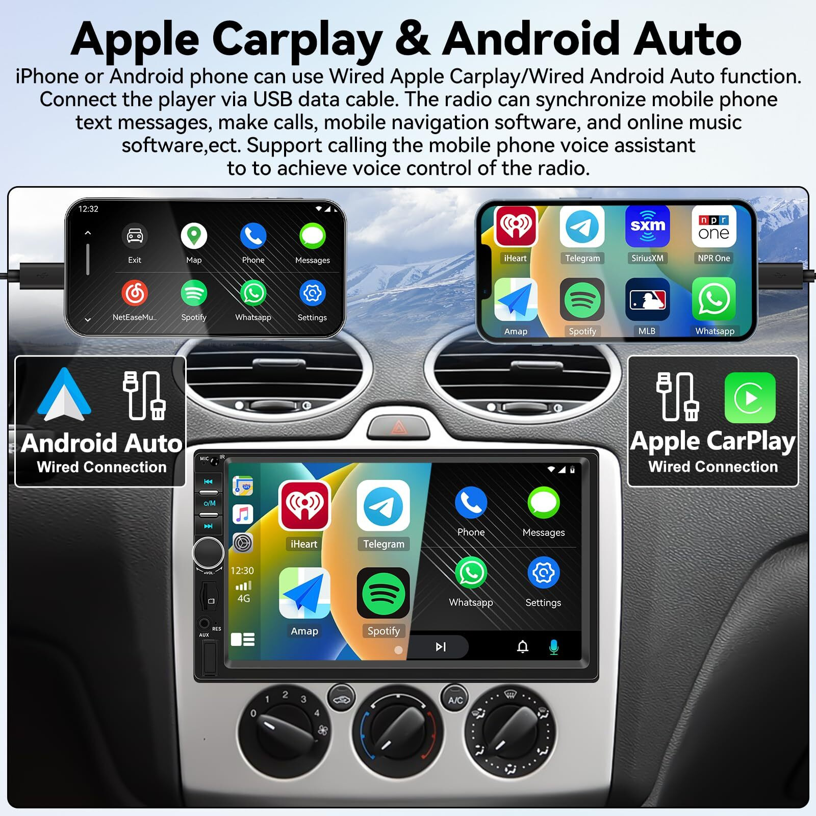 Universal Double Din Car Stereo 7 Inch Touchscreen With Carplay Android Auto Mirror Link Fm Receiver Multimedia Player Head Unit Bluetooth 5.1 Eq Usb Tf Aux+ Backup Camera & Remote & Mic