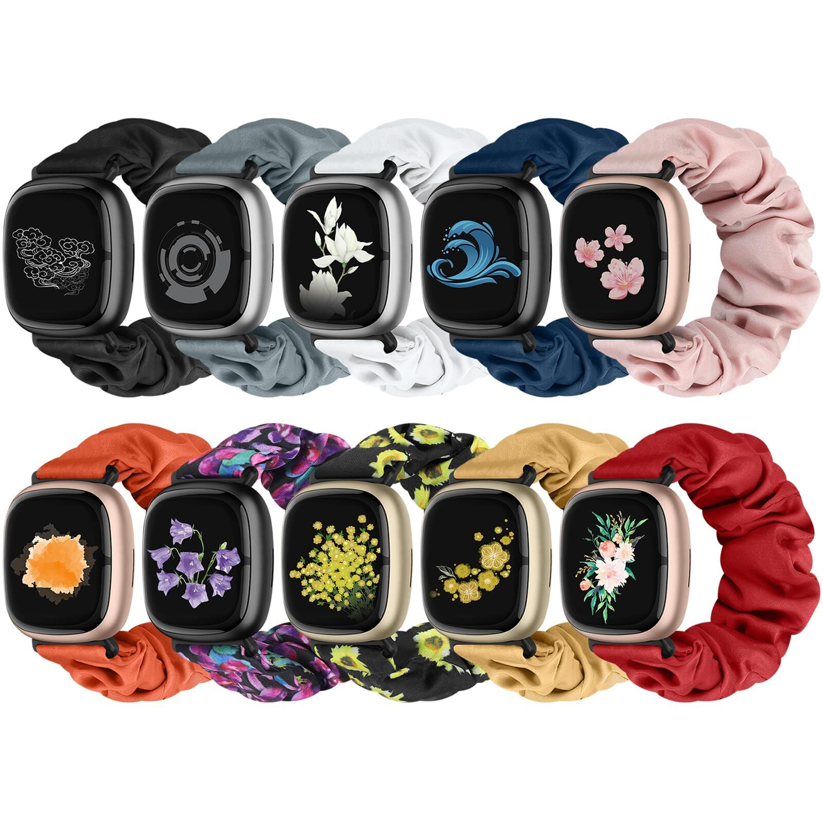 Acortjl 10 Pcs Compatible With Fitbit Versa 4/Sense 2/Versa 3/Sense Scrunchie Band  Soft Cute Pattern Printed Fabric Elastic Solo Loop Cloth Scrunchy Replacement Wristband For Women