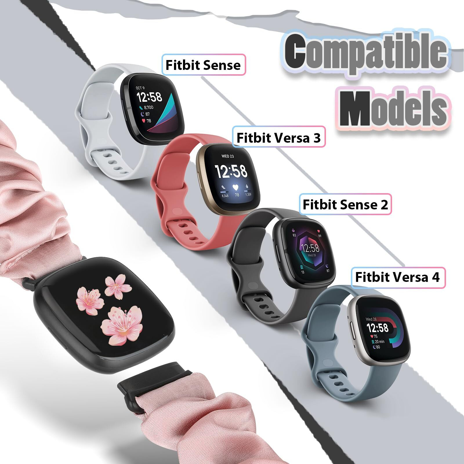 Acortjl 10 Pcs Compatible With Fitbit Versa 4/Sense 2/Versa 3/Sense Scrunchie Band  Soft Cute Pattern Printed Fabric Elastic Solo Loop Cloth Scrunchy Replacement Wristband For Women