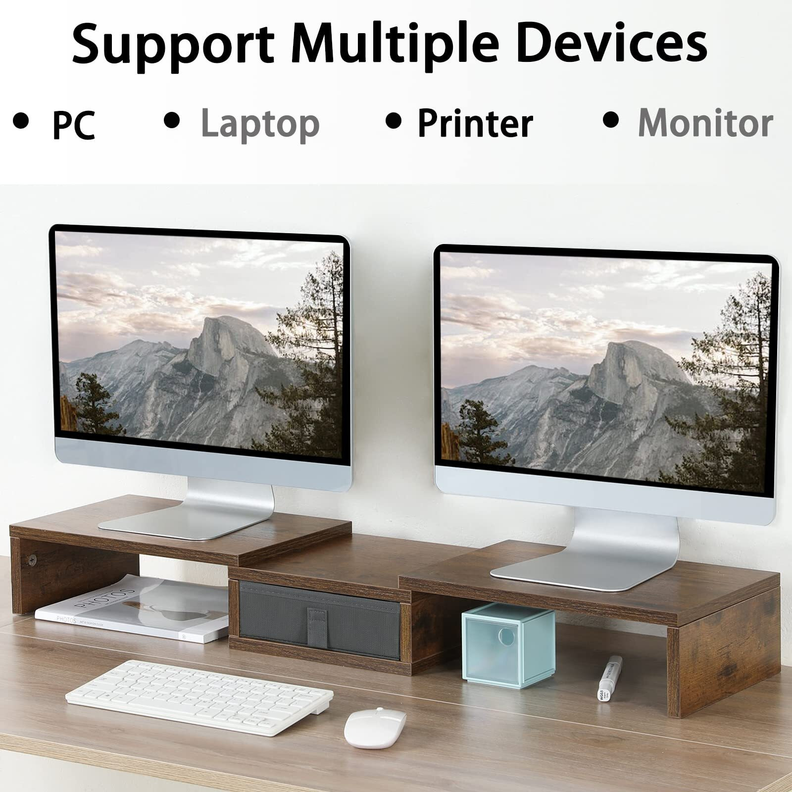 Teamix 3 Shelf Monitor Stand Riser With Drawer-Length And Angle Adjustable Dual Monitor Riser With Storage Corner Desk Shelf Organizer Large Computer Stand For 2 Monitors/Laptop (Brown  1 Drawer)