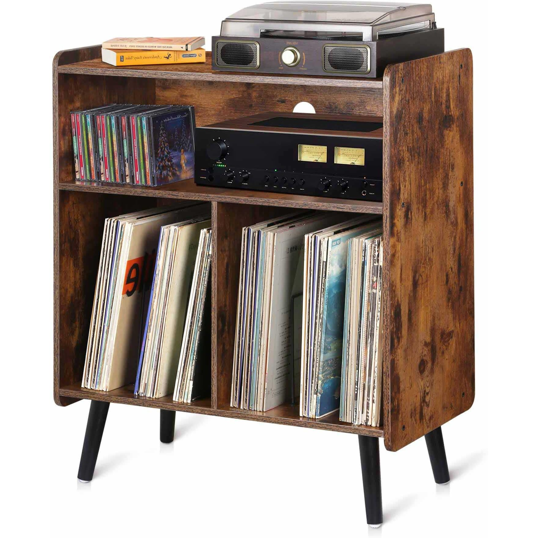 Possile 3-Tier Vintage Record Player Stand  Mid-Century Vinyl Record Storage Cabinet Table Holds Up To 100 Albums  Large Wood Turntable Stand For Living Room  Office  Rustic Brown