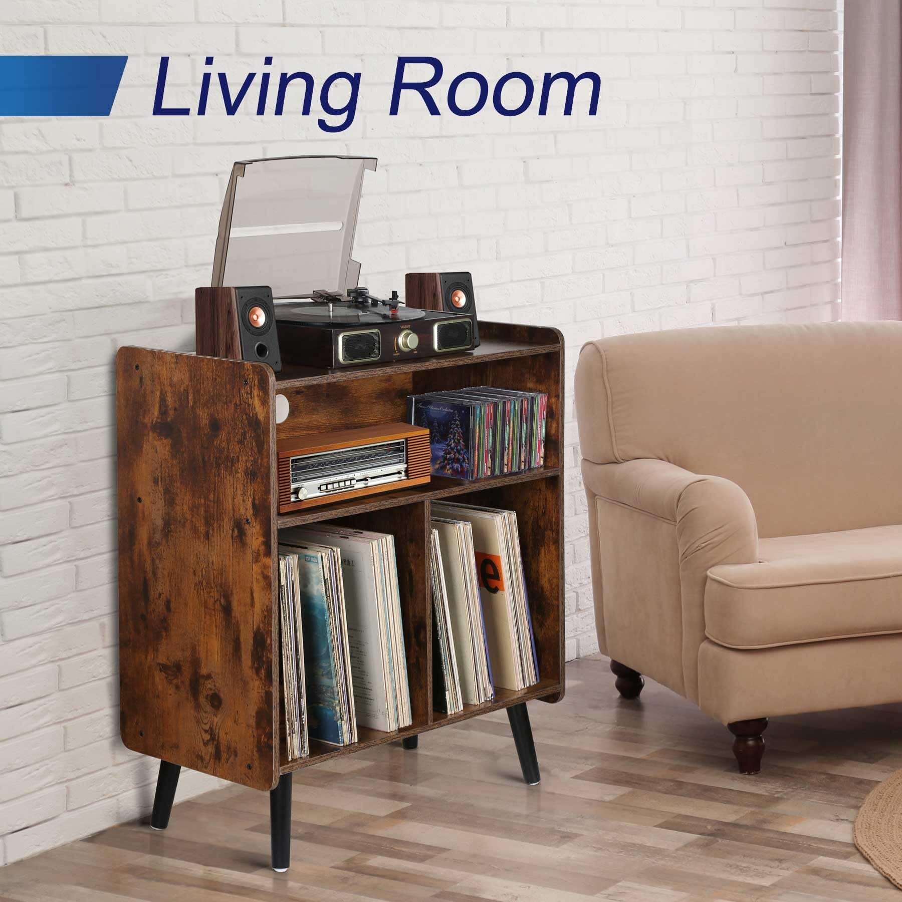 Possile 3-Tier Vintage Record Player Stand  Mid-Century Vinyl Record Storage Cabinet Table Holds Up To 100 Albums  Large Wood Turntable Stand For Living Room  Office  Rustic Brown