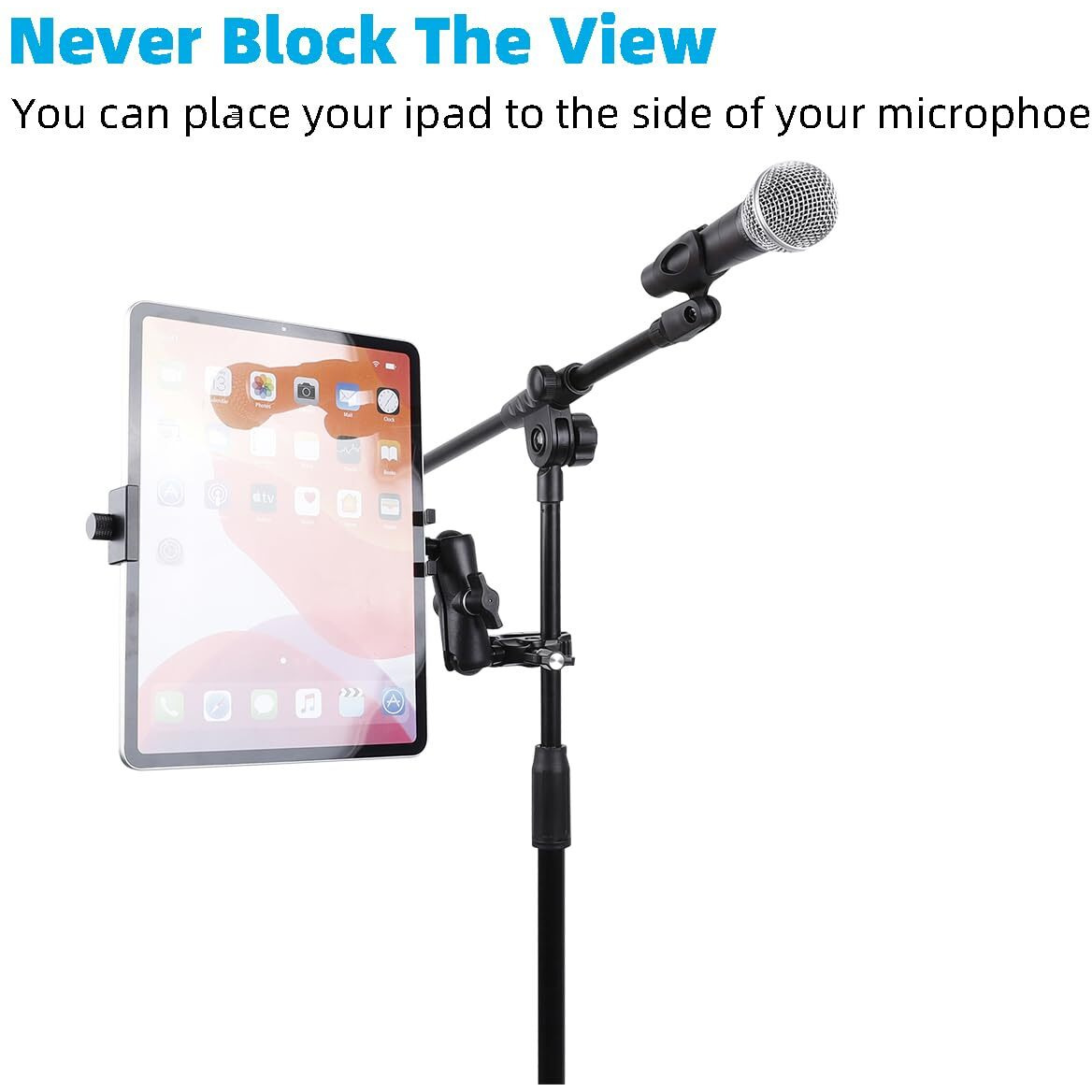 Aluminum Tablet Holder For Mic Stand  Side Mount Microphone Music Stand For All Ipad  360 Rotatabe Tablet Stand With Super Clamp Compatible For Ipad Pro 12.9  Air  Mini  Galaxy Tabs  4.7-15"" Tablets