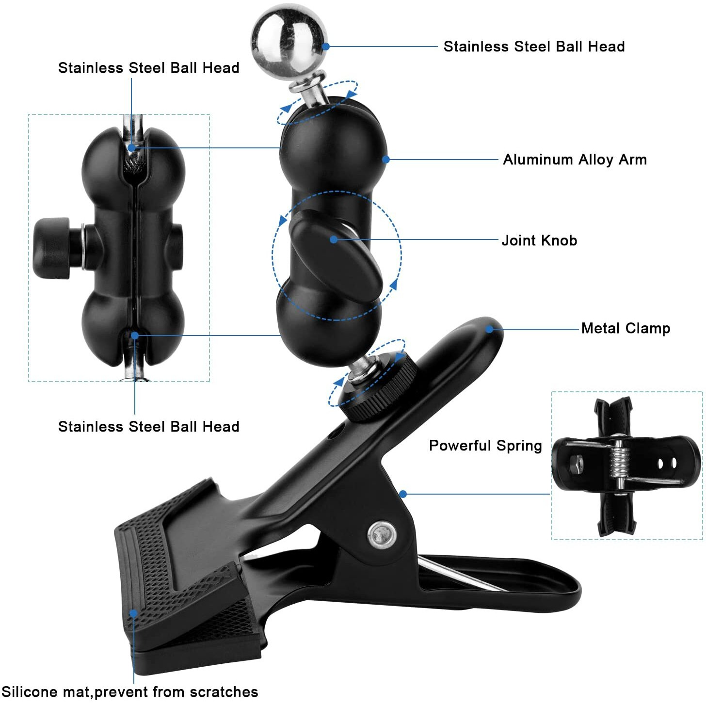 Mippko Clip Clamp Tablet Holder For Desk/Table/Glass Door/Desktop Baffle/Easel Compatible With 7~12.9 Inch Ipad/Nexus/Lg G Pads/Fire Hd 360Adjustment Aluminium Alloy Arm Metal Mount