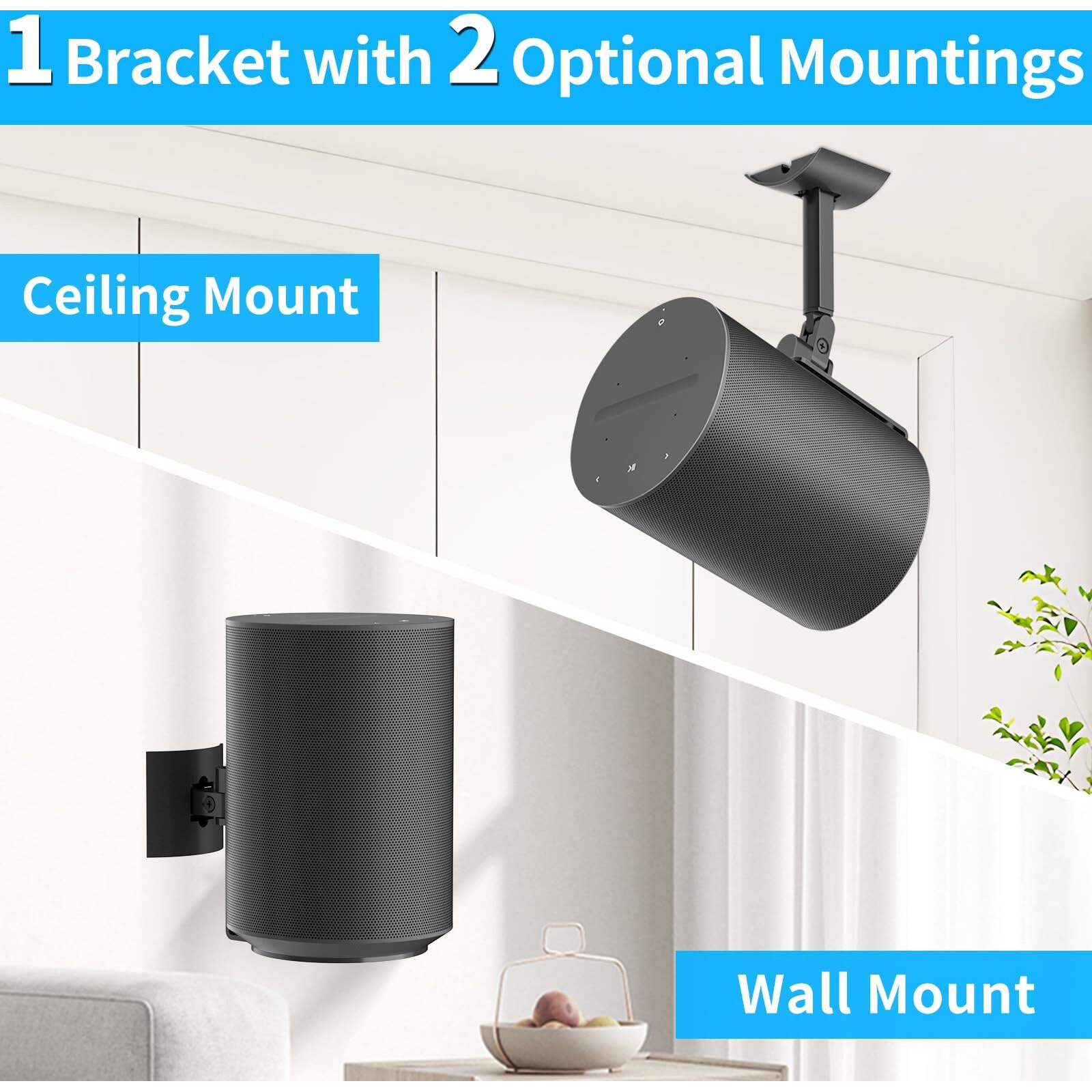 Yibracki Heavy-Duty Speaker Wall Mount And Ceiling Speaker Mount For Sonos Era 100 Wireless Speaker Mount Tilt & Swivel Adjustable Mount Or Sonos Era 100 Speaker With Hardware Kit - 2 Pack  Black