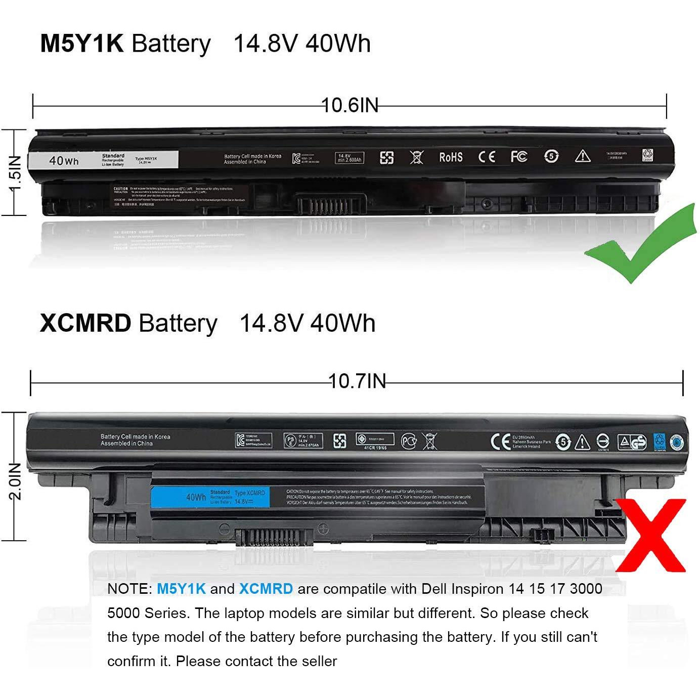 40Wh M5Y1K 14.8V Battery For Dell Inspiron 15 5000 3000 Series 5566 5558 5559 5552 3551 3552 3558 17 5755 5756 5758 5759 14 3451 3452 3458 3467 5458 Vn3N0 Msy1K Hd4J0 P63F P51F P47F P65G P52F 453-Bbbr