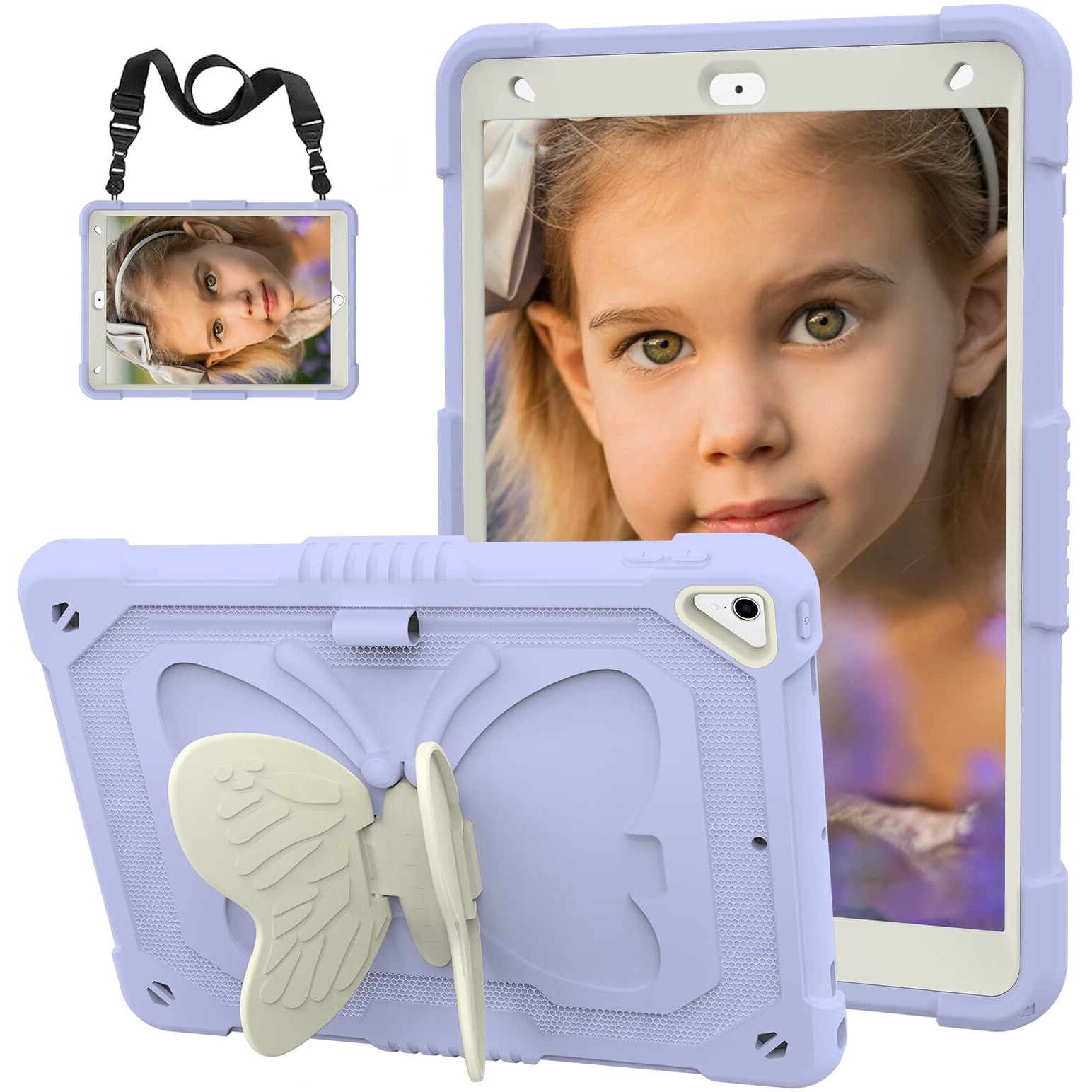 Hogenl For Ipad 9Th 8Th 7Th Generation Case For Kids Girls With Pencil Holder  For Ipad 10.2 Case With Butterfly Stand Shoulder Strap Shockproof Full Body Protective Cover For Ipad Air 3Rd Gen  Purple
