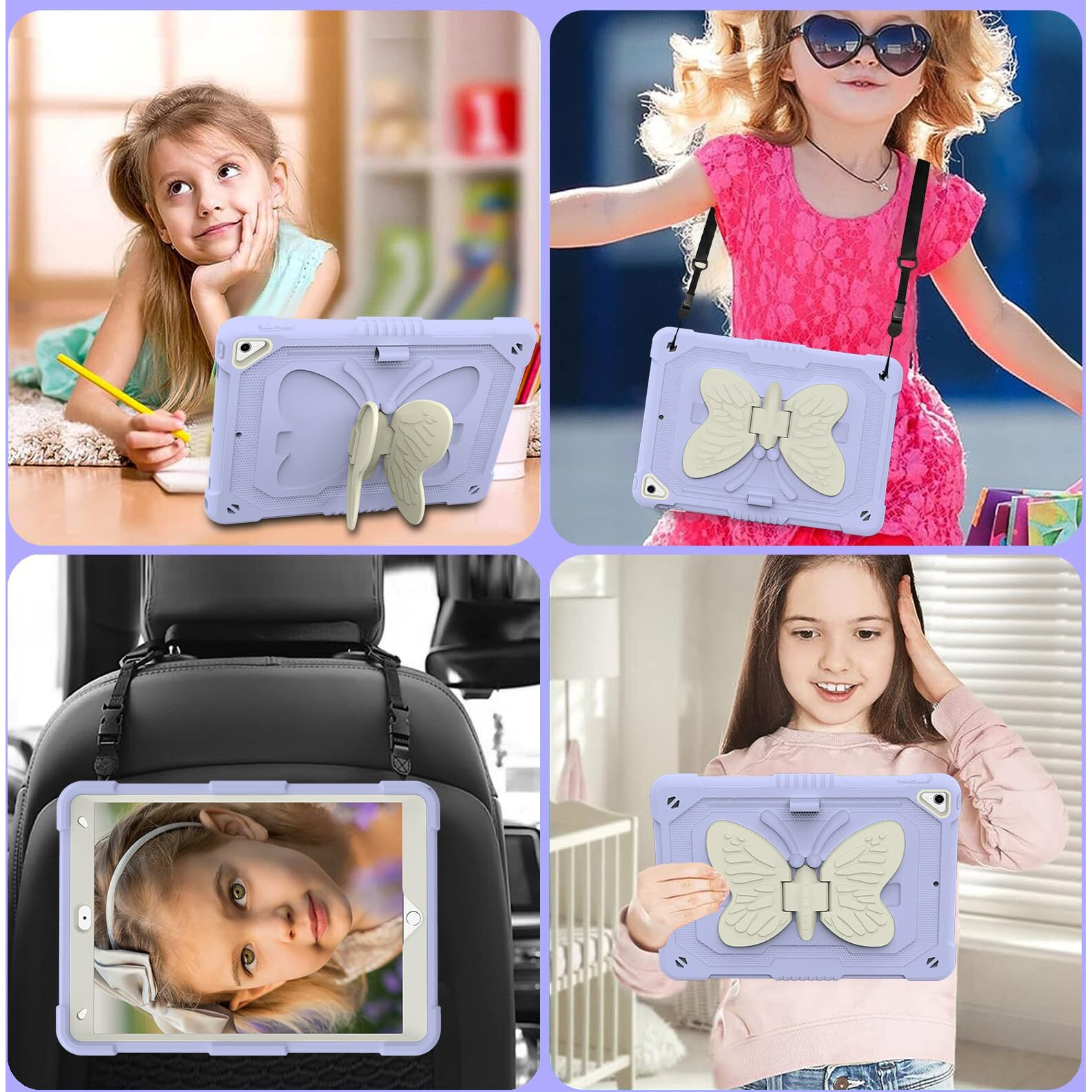 Hogenl For Ipad 9Th 8Th 7Th Generation Case For Kids Girls With Pencil Holder  For Ipad 10.2 Case With Butterfly Stand Shoulder Strap Shockproof Full Body Protective Cover For Ipad Air 3Rd Gen  Purple