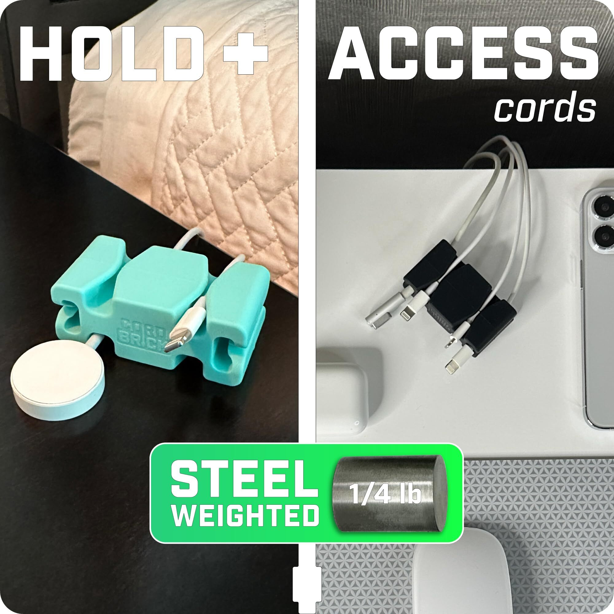 Cordbrick 2Pk Weighted Cord Holder For Nightstand - Phone Charger Cable Management For Travel  Phone Accessory  Stocking Stuffers For Adults - Multipurpose Gift For Home  Office  Silicone  Black