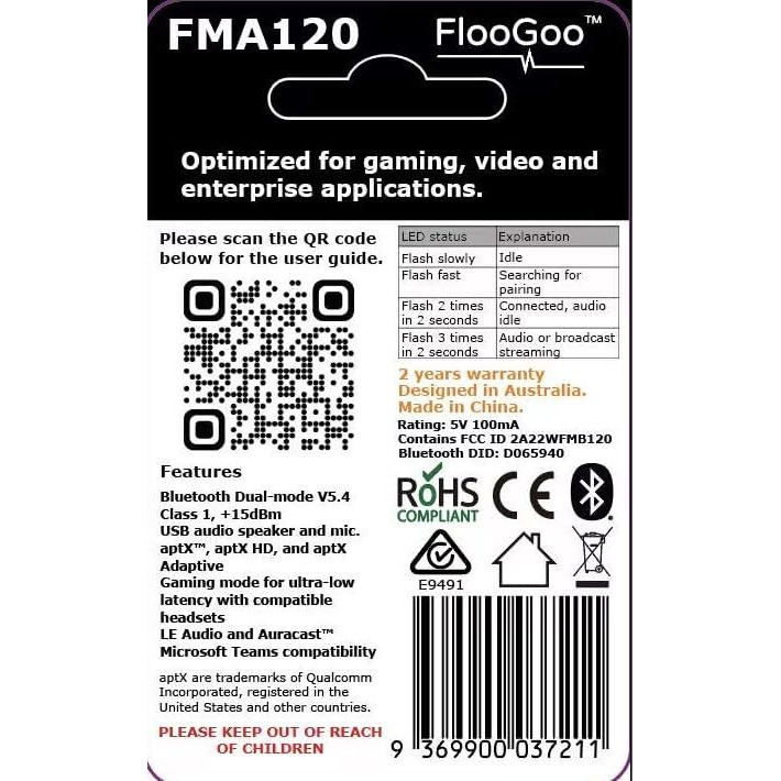 Floogoo Fma120 Bluetooth V5.4 Dual-Mode Dongle Supporting Aptx Lossless  Low Latency Gaming  Auracast  Le Audio  And Microsoft Team
