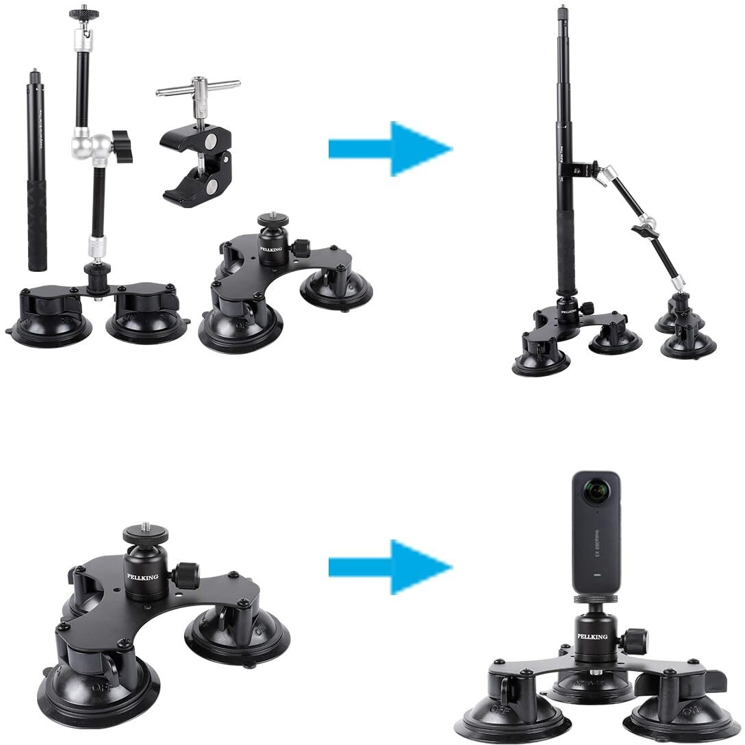 Pellking Suction Car Mount Kit For Insta360 X3  X2 Go 3  4 In1 Suction Cups With 114Cm Selfie Stick Camera Triple Suction Mount Kit For Action Cameras Compatible With Gopro 11 10 9 8 7(With Stick)